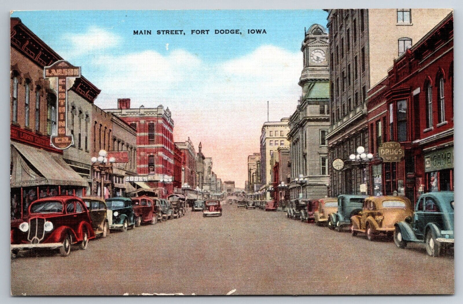 Vintage Postcard IA Fort Dodge Main Street 40s Cars Shops Street View
