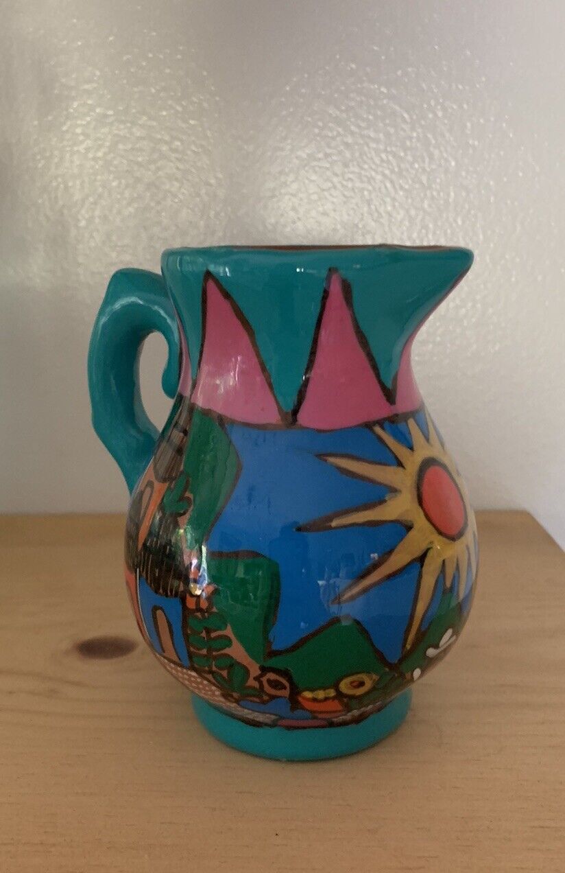 Vintage Mexican Pottery Hand Painted Folk Pitcher