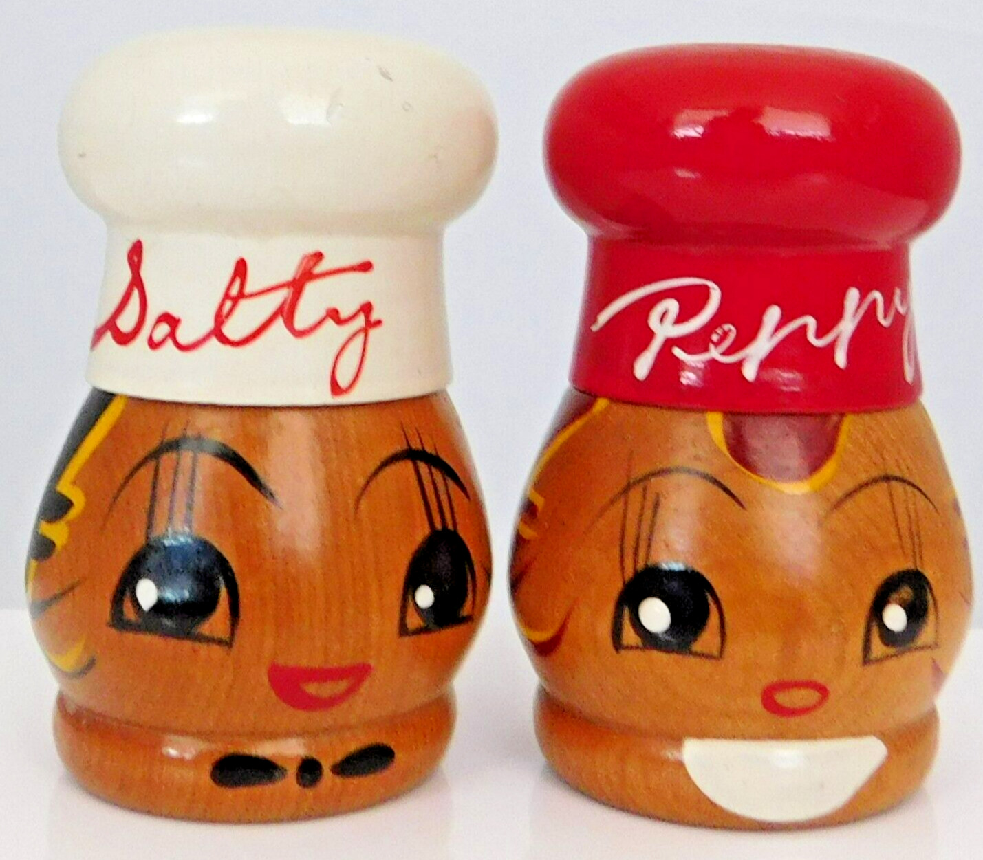 Vintage Wood Ladies S&P Shakers Salty & Peppery Hand Painted Japan