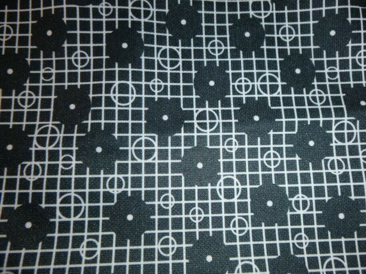 Vtg Polyester Stretch Fabric Black White Geometric Circles & Grid 64\