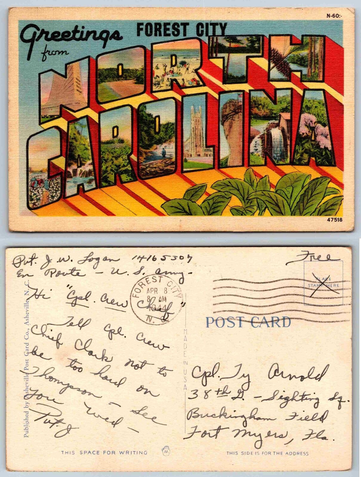 postcard - Greetings from Forrest City. North Carolina - 1944