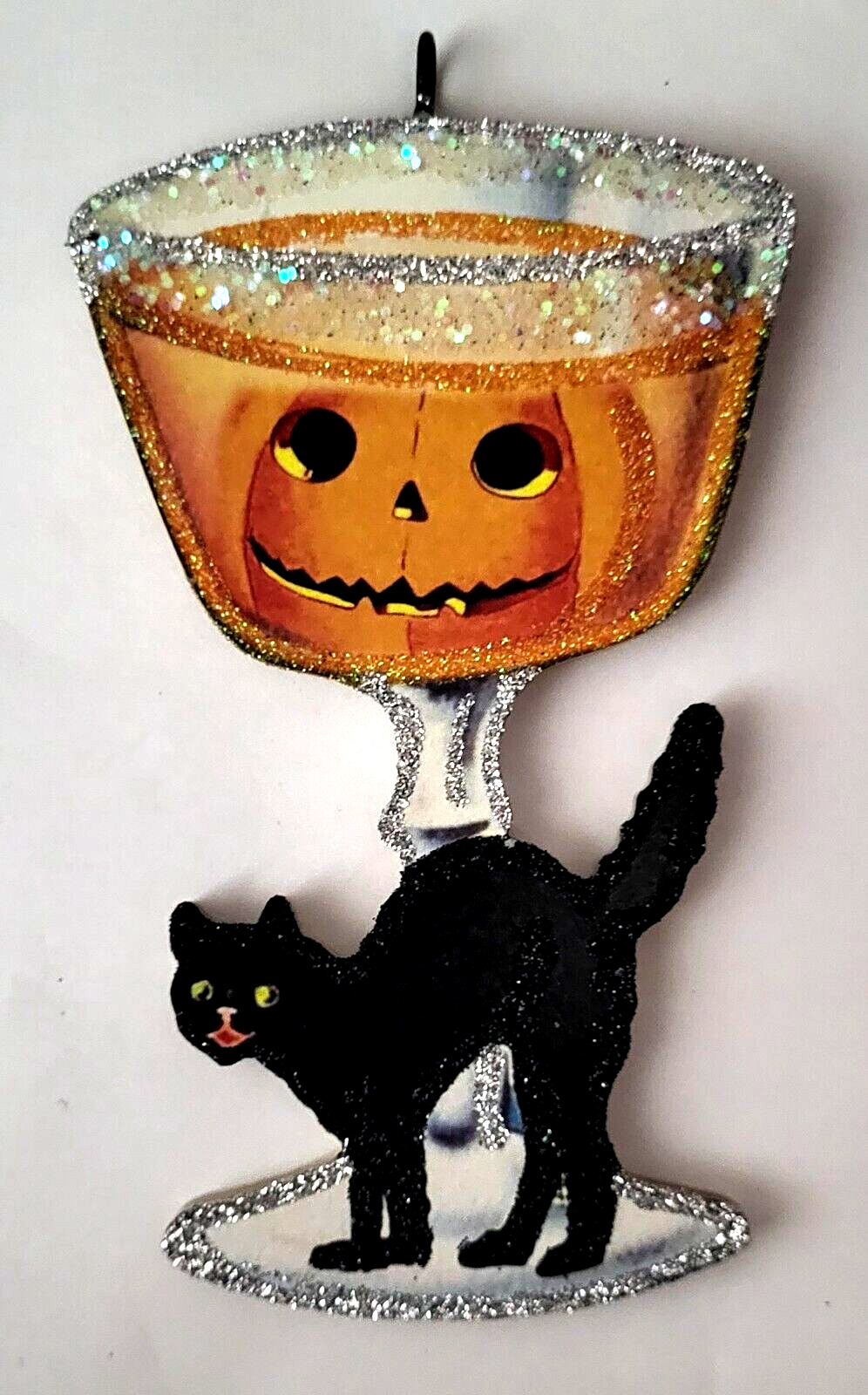 JOL PUMPKIN COCKTAIL w BLACK CAT  *  Glitter HALLOWEEN ORNAMENT * Vtg Img