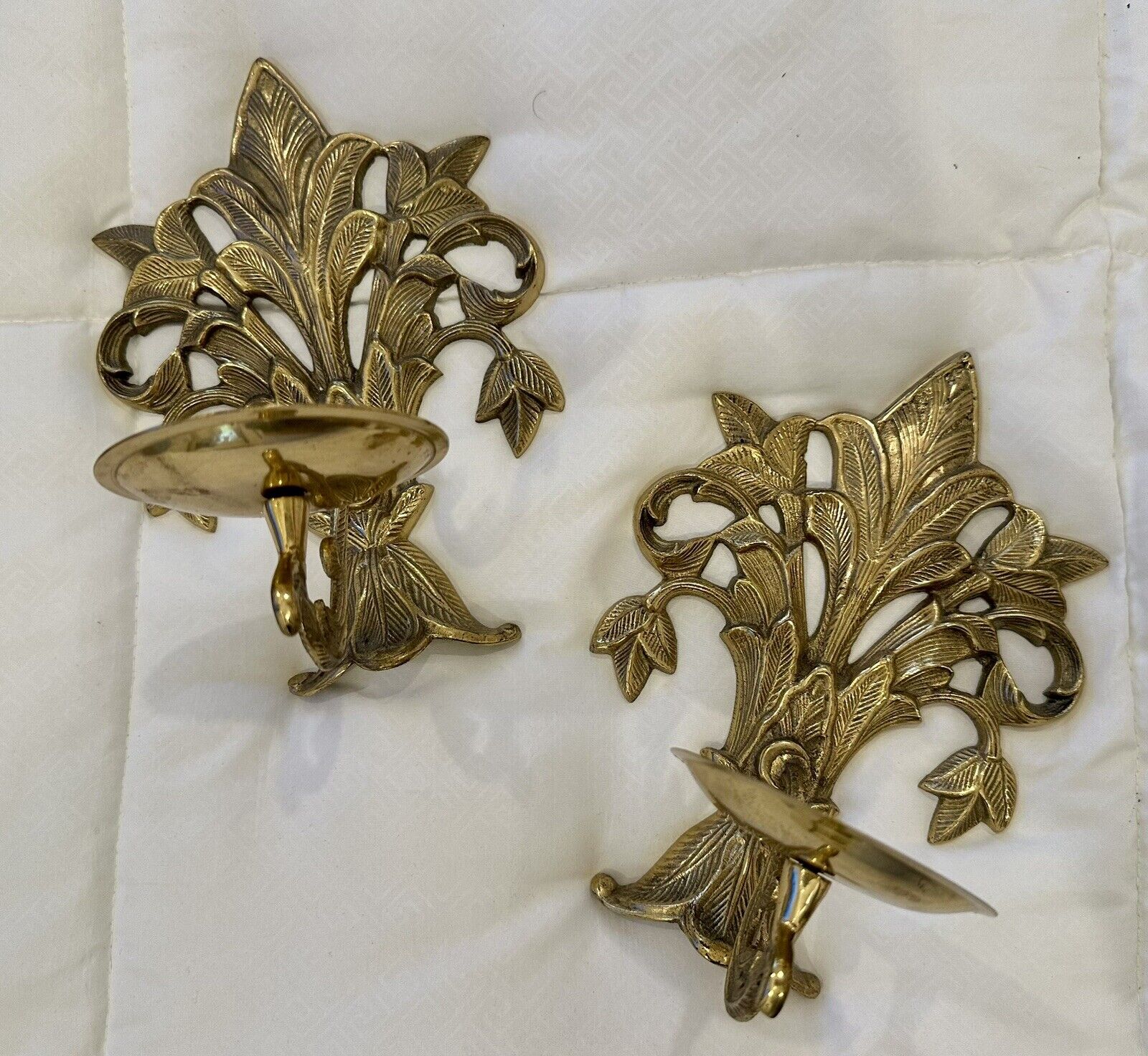 Vintage Pair Solid Brass Leaf Wall Sconces Candle Holders 8.5”