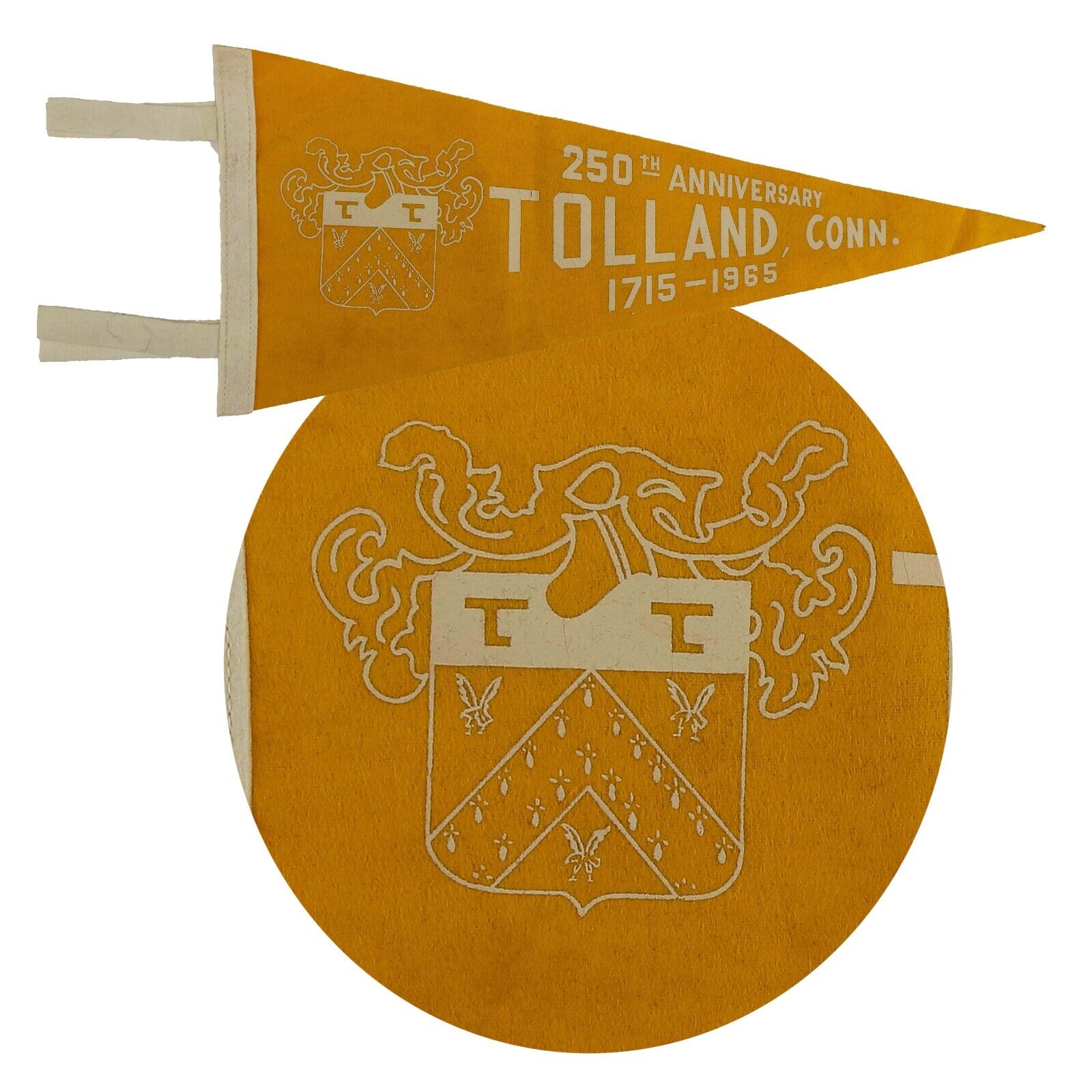 ⭐ TOLLAND, CONN 250th Anniversary 1715-1965 VTG Commemorative Yellow Pennant 👀