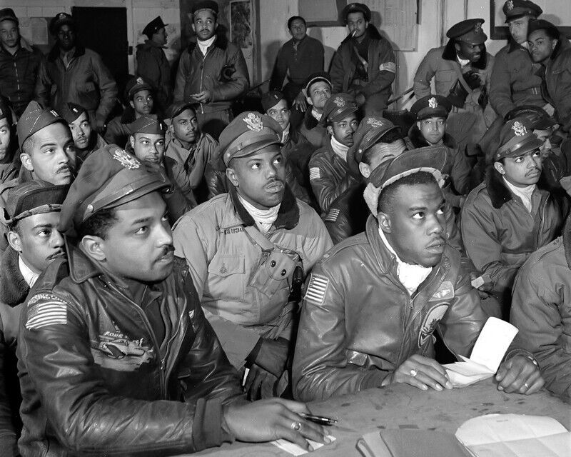 Vintage 8x10 B&W Photo of the Tuskegee Airman get briefed before a mission.