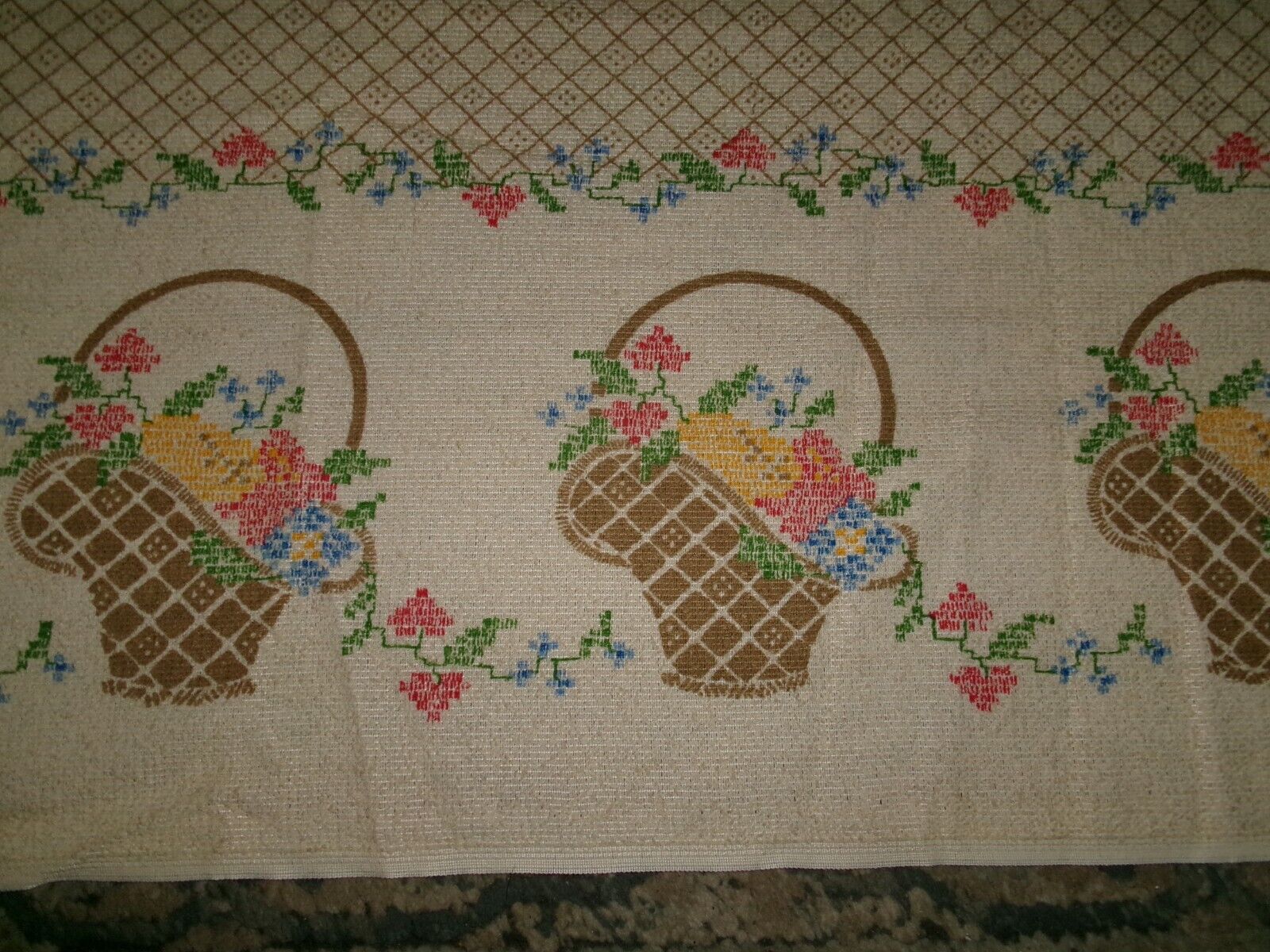 Vintage Terry Tablecloth~ Summer~  Picnic~ Baskets of Flowers~ 87 ”x 54 ” UNUSED