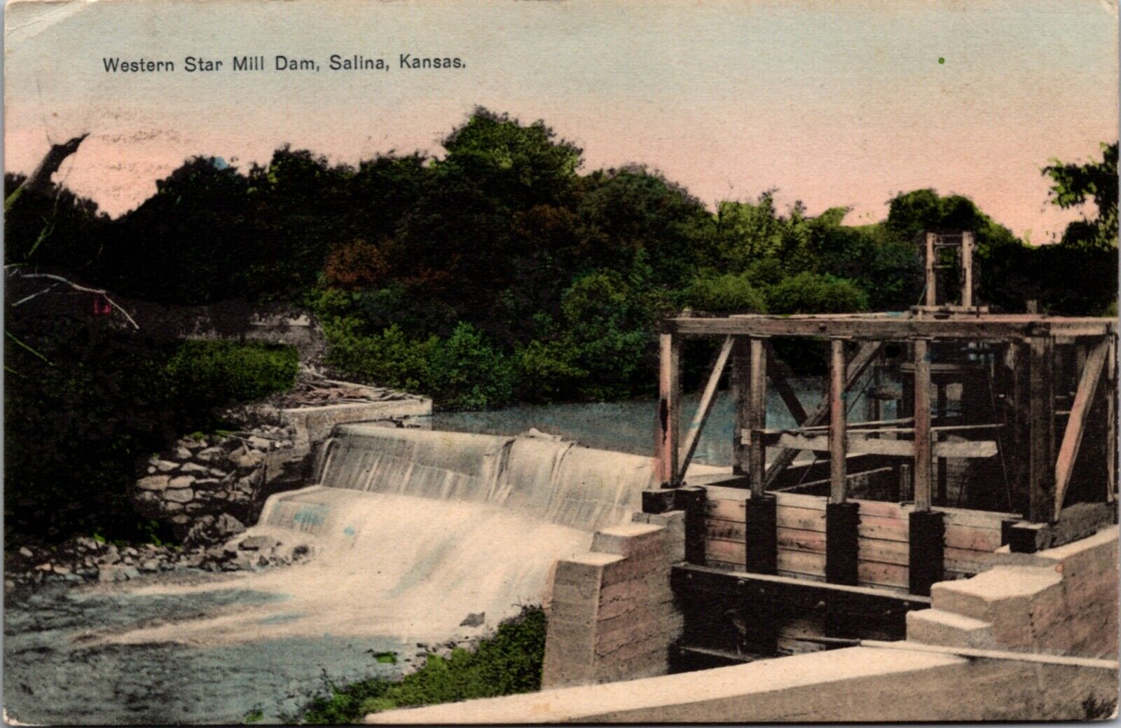 Hand Colored Postcard Western Star Mill Dam in Salina, Kansas