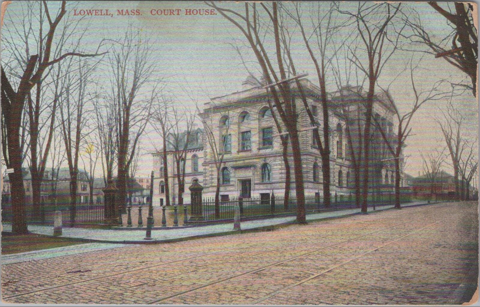 Lowell Massachusetts Court House Trolley Tracks Postcard