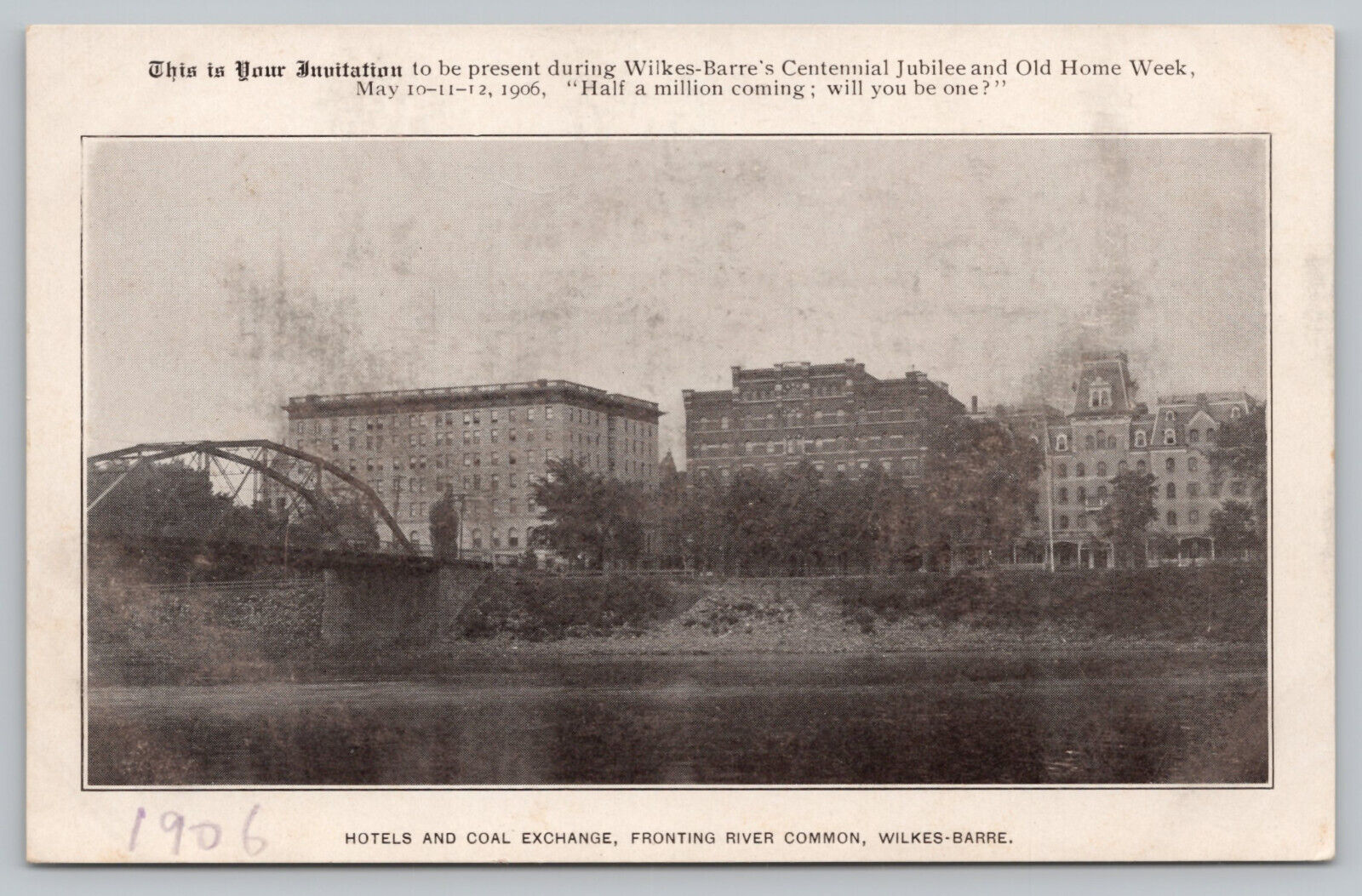Wilkes Barre PA Pennsylvania - 1906 Centennial Jubilee Postcard - Hotels Bridge