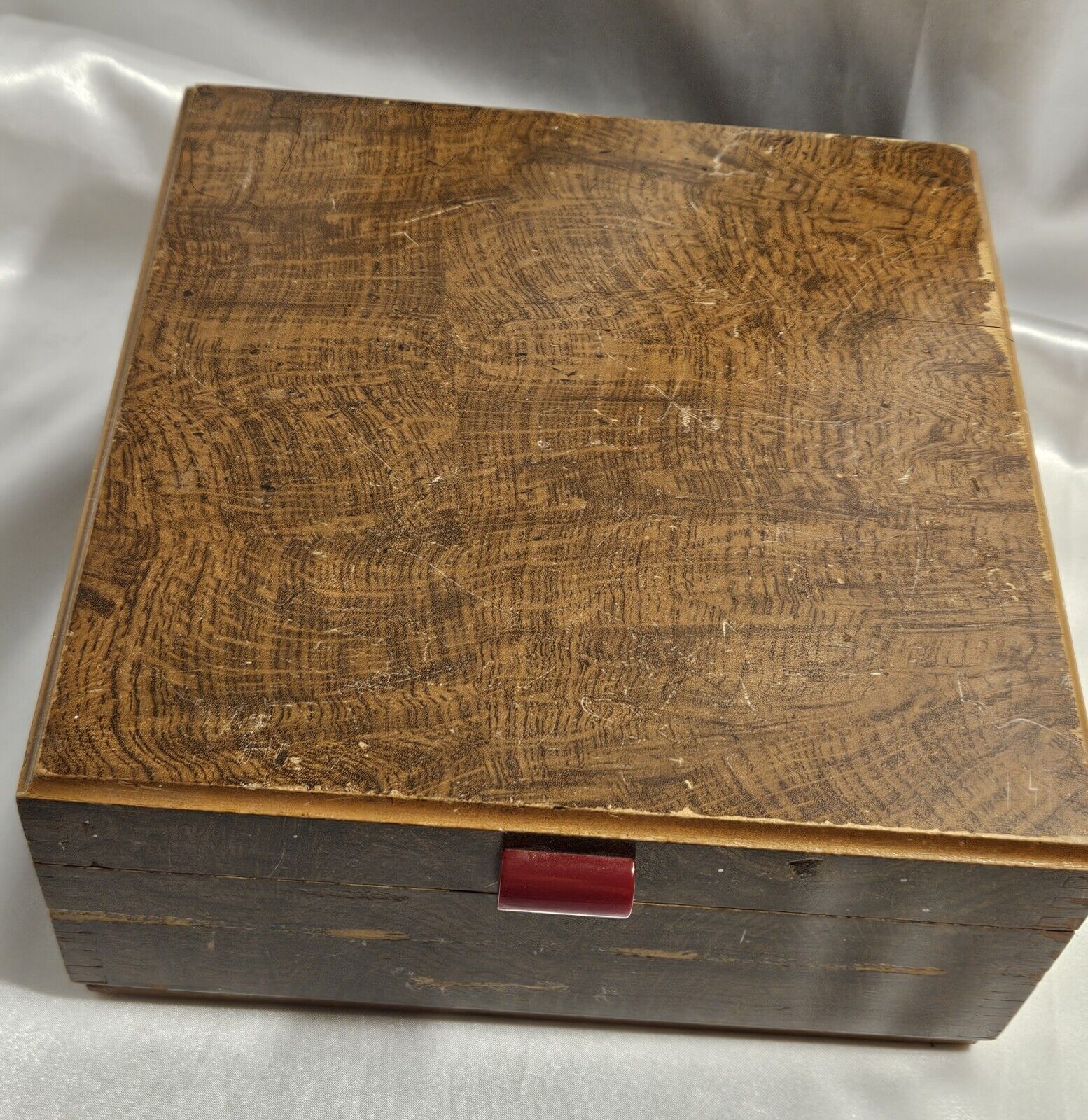 Antique 19th Century Burl Wood Box Bakelite Handle And Original Etched Mirror