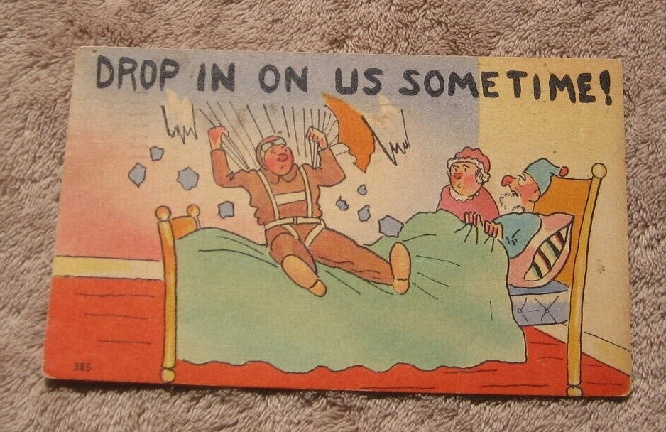Comic Airborne Paratrooper 1949 Greetings  Linen Postcard