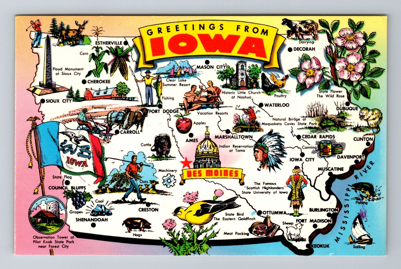 IA-Iowa, General Greetings, State Map, Tourist Spots, Antique Vintage Postcard
