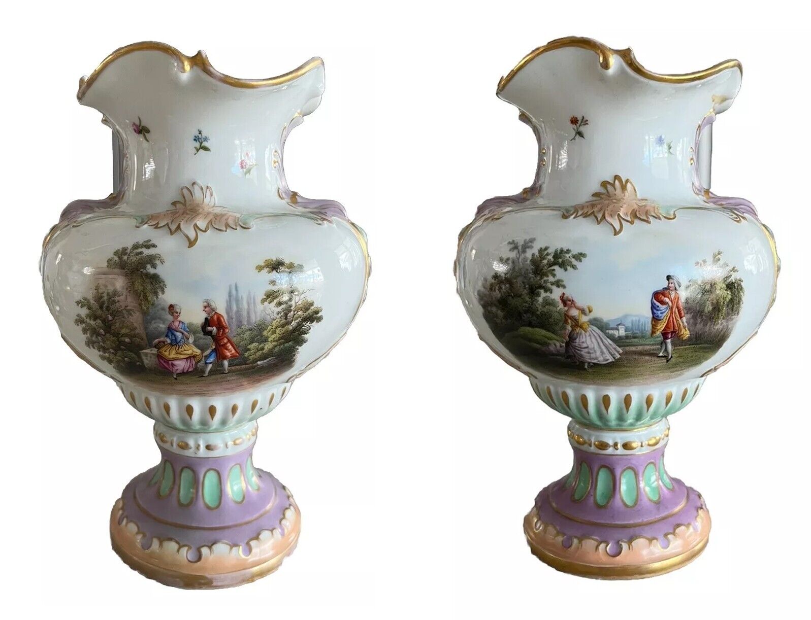 Pair of Antique Meissen Porcelain Vases 8” Tall ~ Pristine