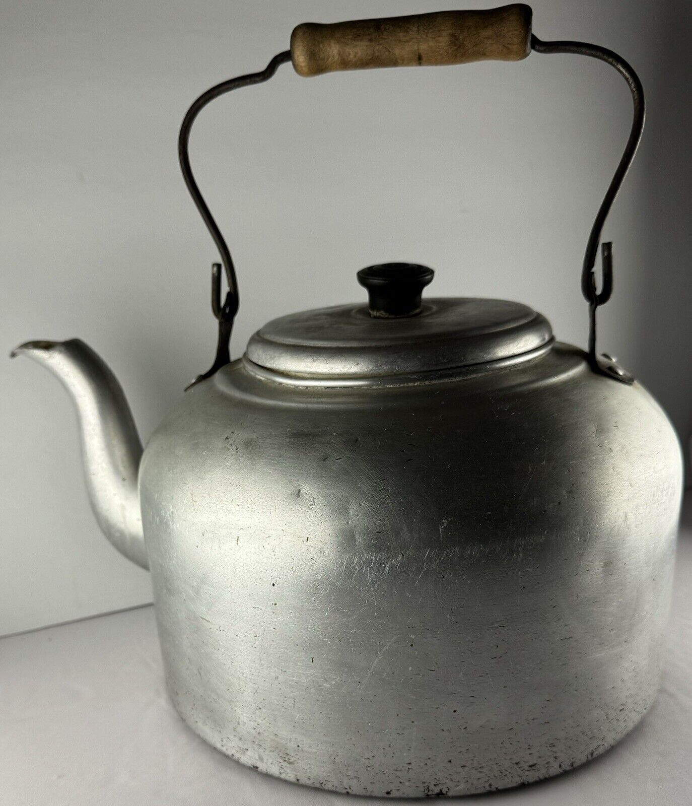 Vintage Large Tea Kettle Coffee Pot Wooden Handle AS IS Calcium Coating Inside