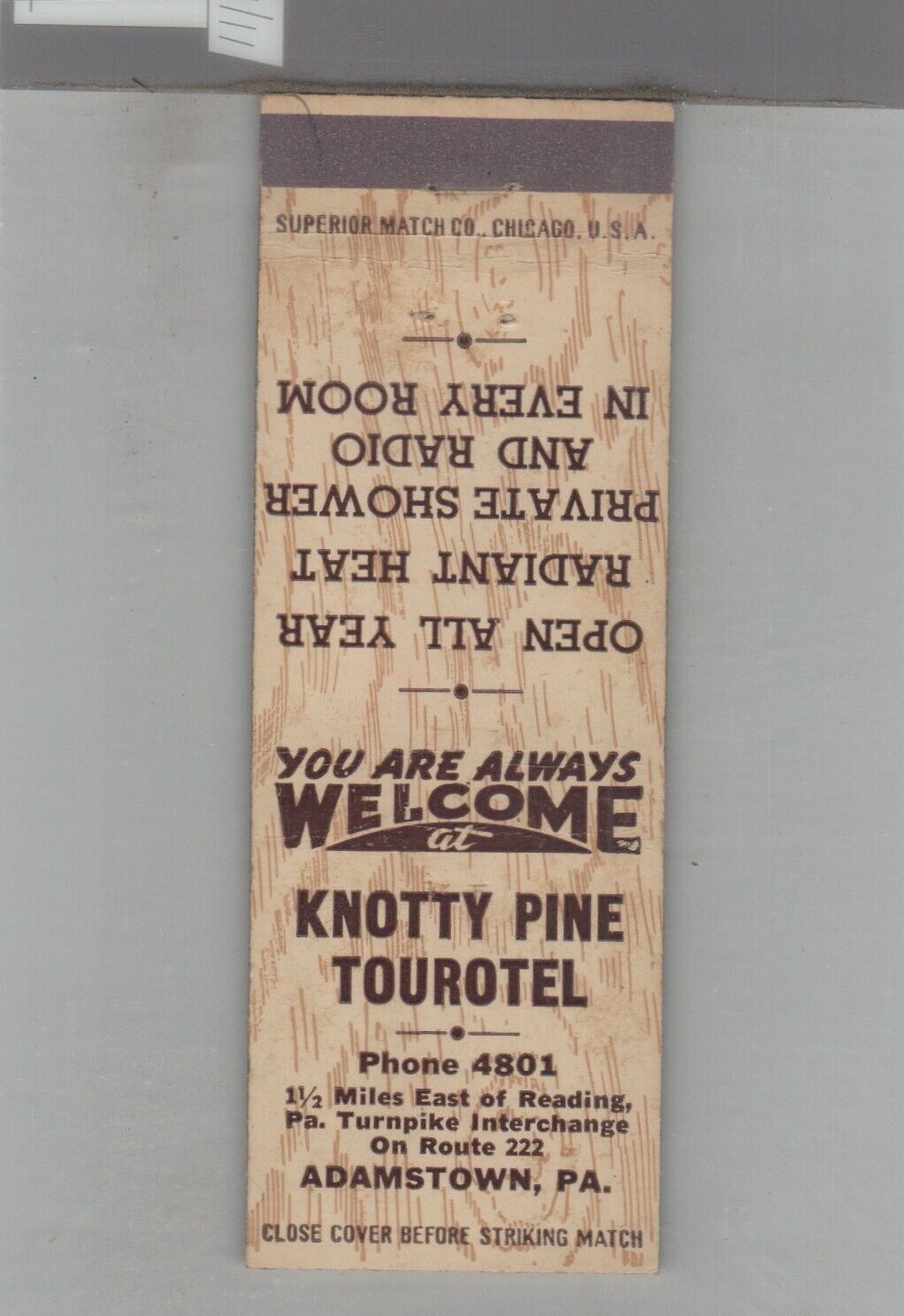 Matchbook Cover Knotty Pine Tourotel Adamstown, PA