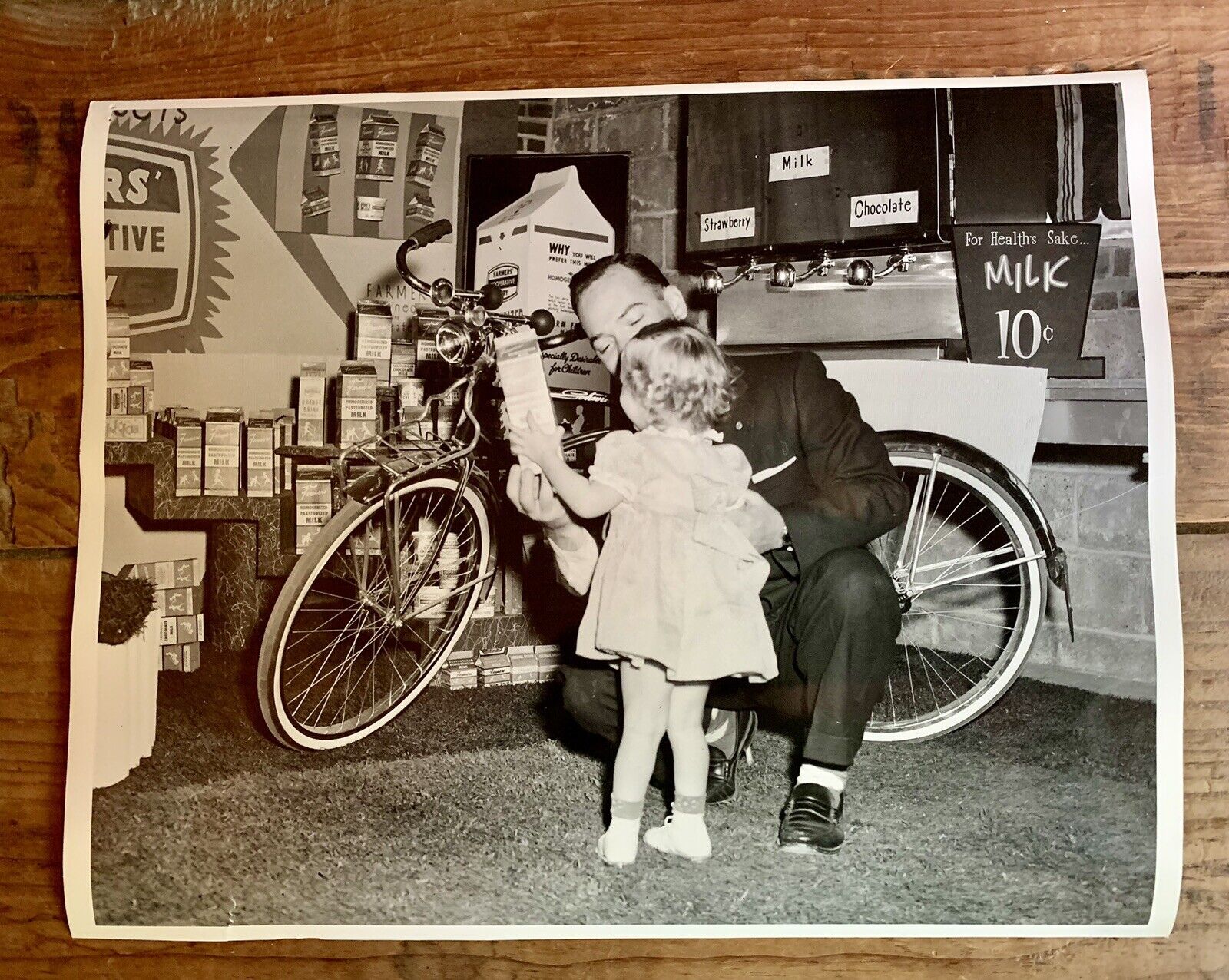 Vintage 1950s 8x10 Photo Milk Dairy Promotion Bicycle Girl Dad Original Backmark