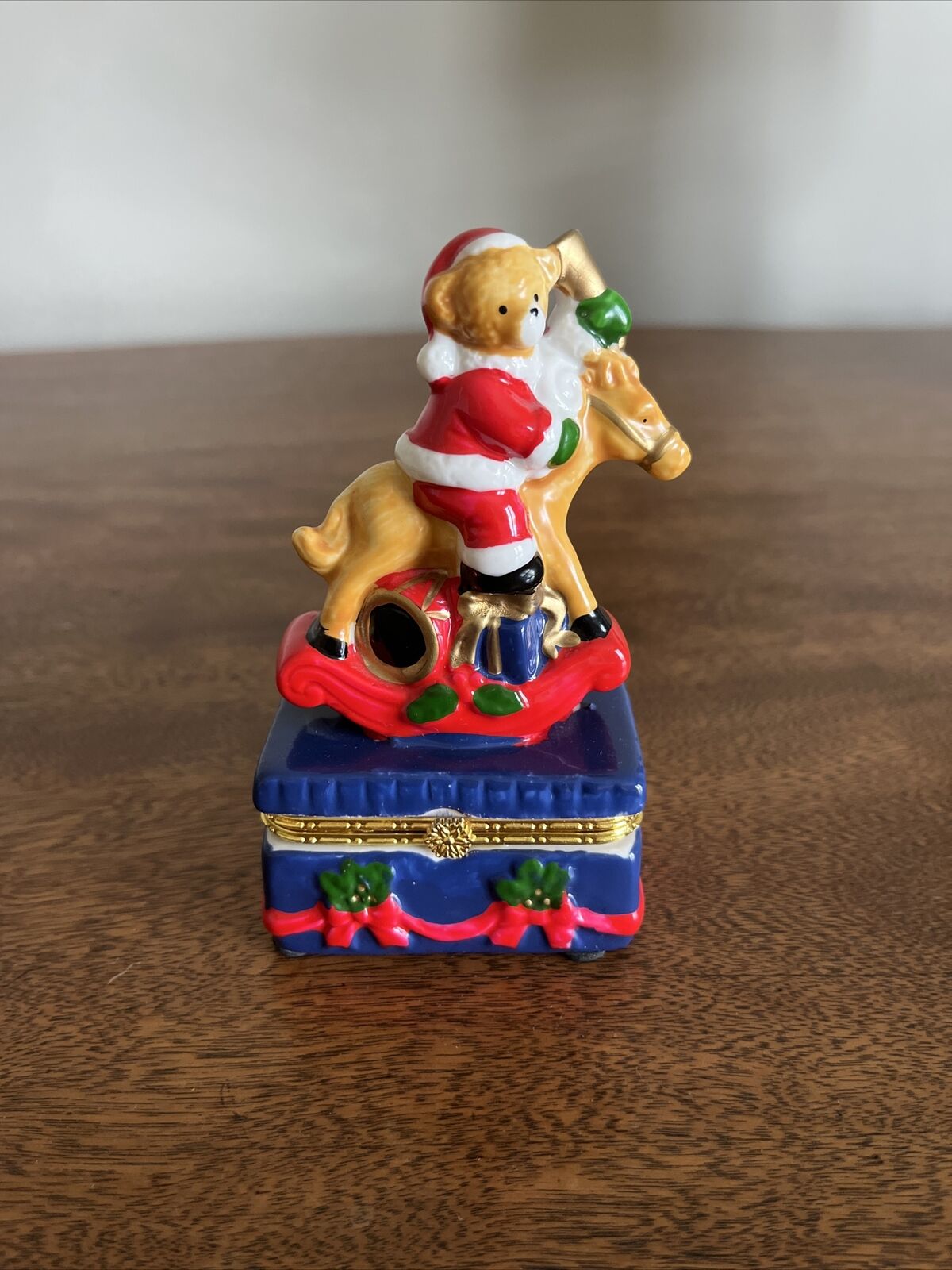 Vintage Porcelain Christmas Santa Teddy Bear Riding a Horse Trinket Box
