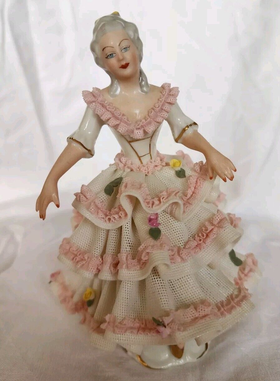 Rare Antique German Dresden Lace Volkstedt Lady Figurine 6.5\