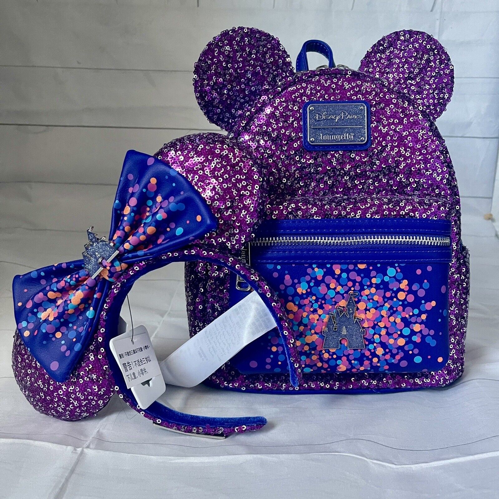 2022 Disney Parks Loungefly Purple Sequin Sparkling Castle Backpack & Ears NWT