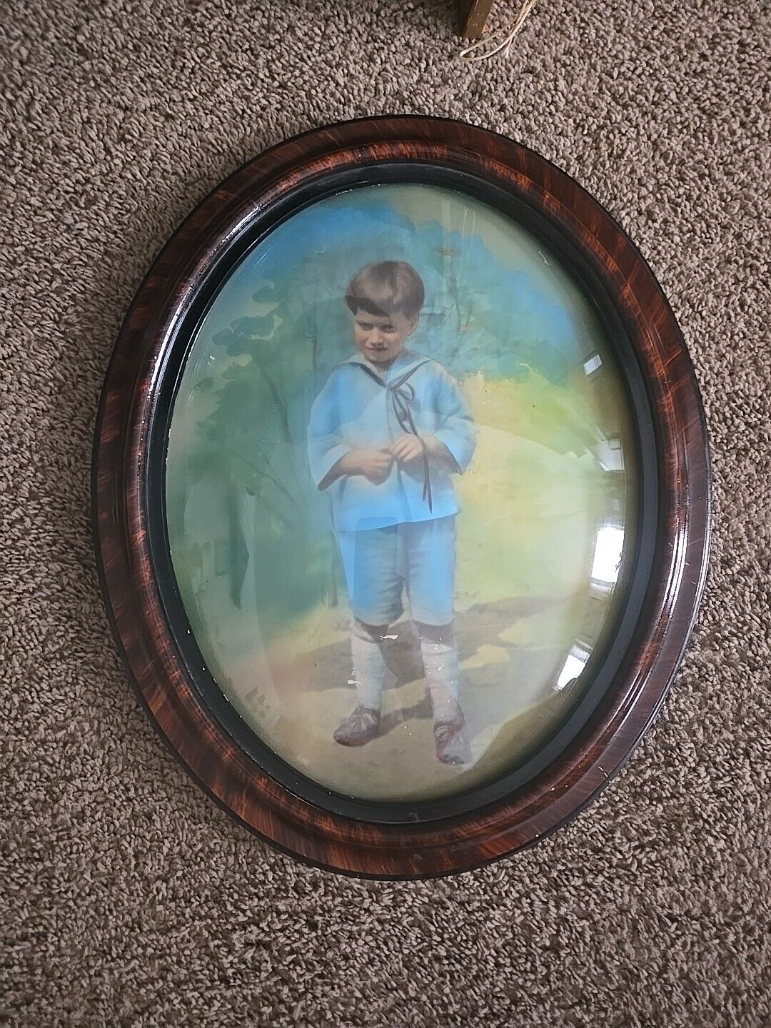 Antique Oval Convex Glass Picture Tiger Wood Faux ? Frame. Little Boy In Blue