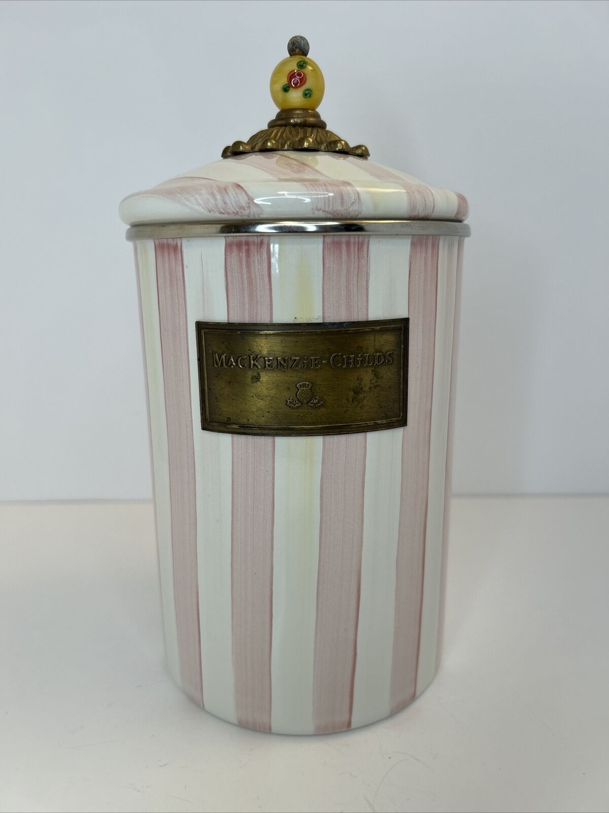 Vintage MacKenzie Childs Bathing Hut Pink/White Striped Canister 10 in. (D2)