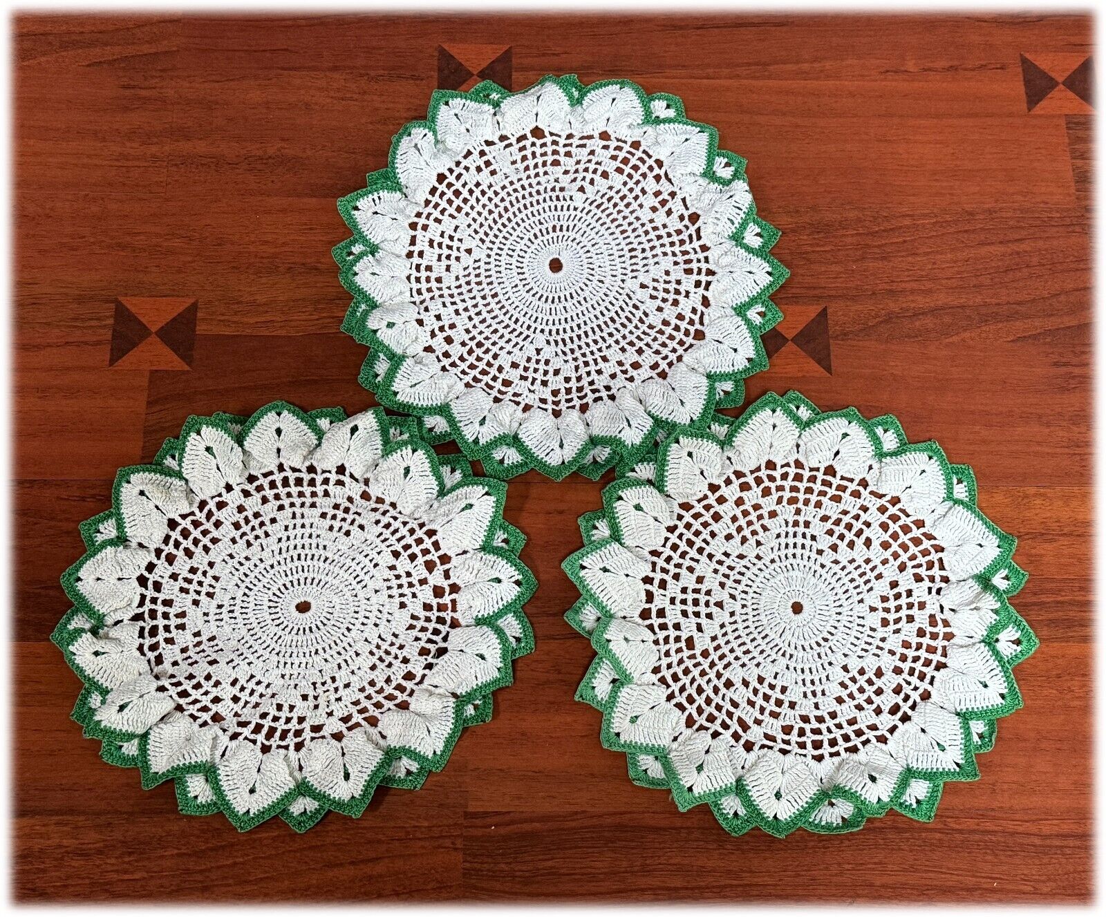 3 Vtg Hand Crocheted Flower Doilies Handmade Green White Double Layered Handmade