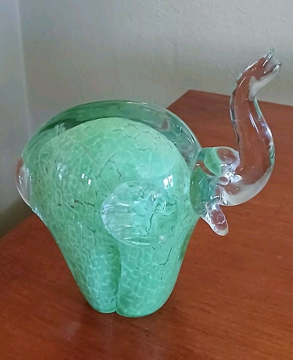 Hand Blown Green And Clear Glass Elephant Paperweight Decor Murano Style