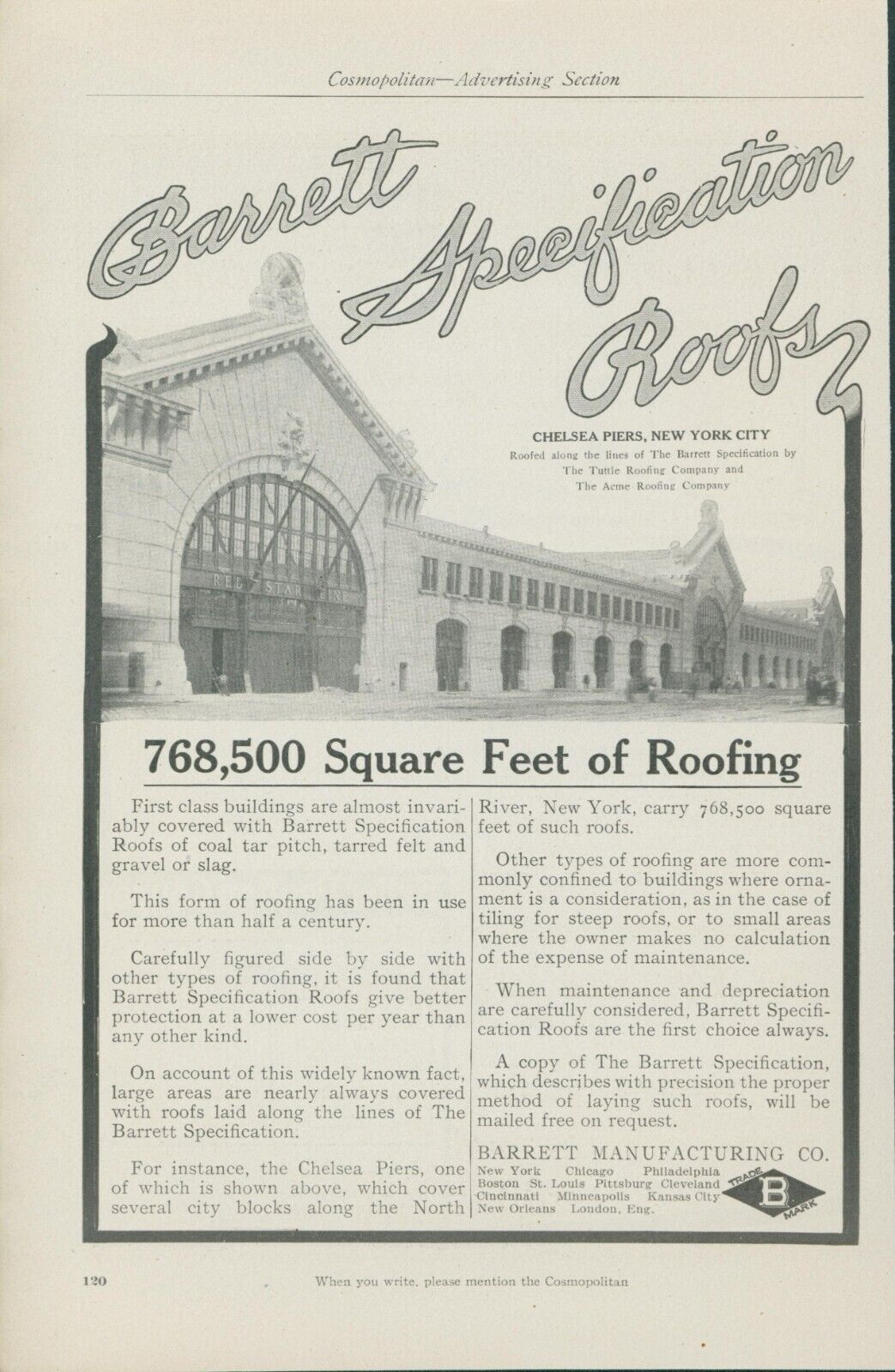1910 Barrett Specification Roofs Chelsea Piers New York City Vtg Print Ad CO2