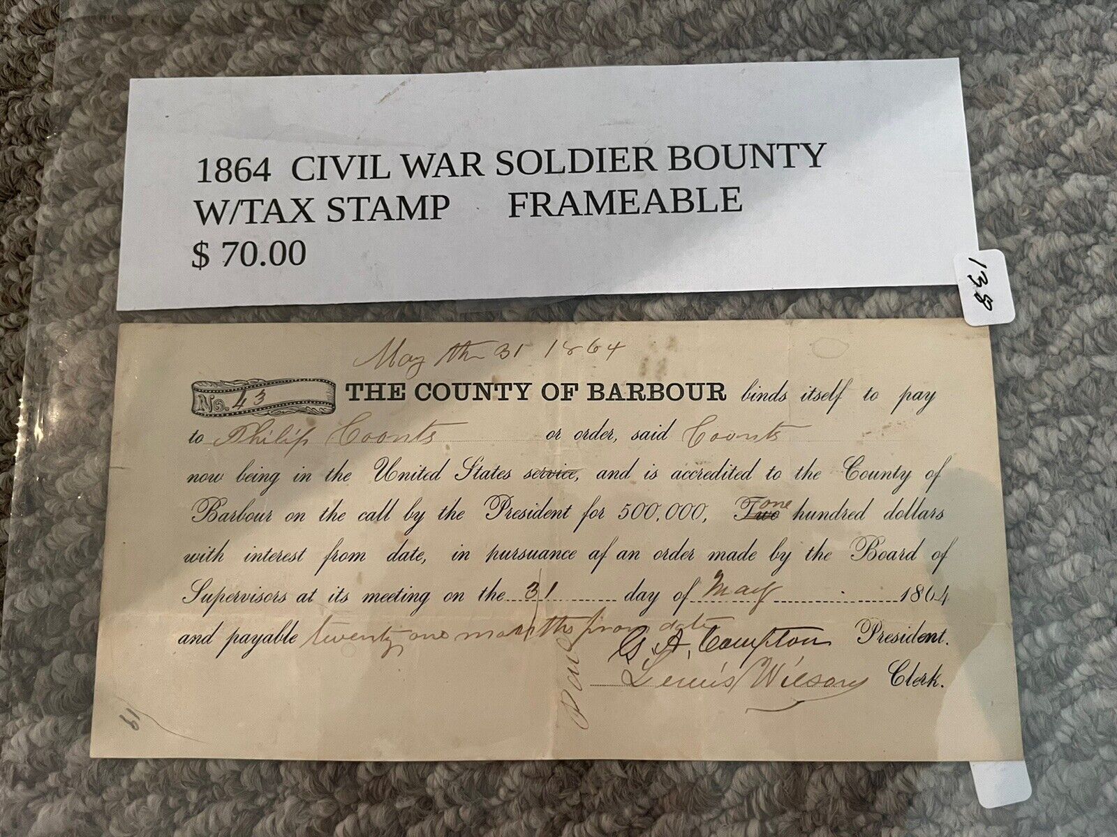 1864 Civil War Soldier Bounty W/Tax Stamp Framable