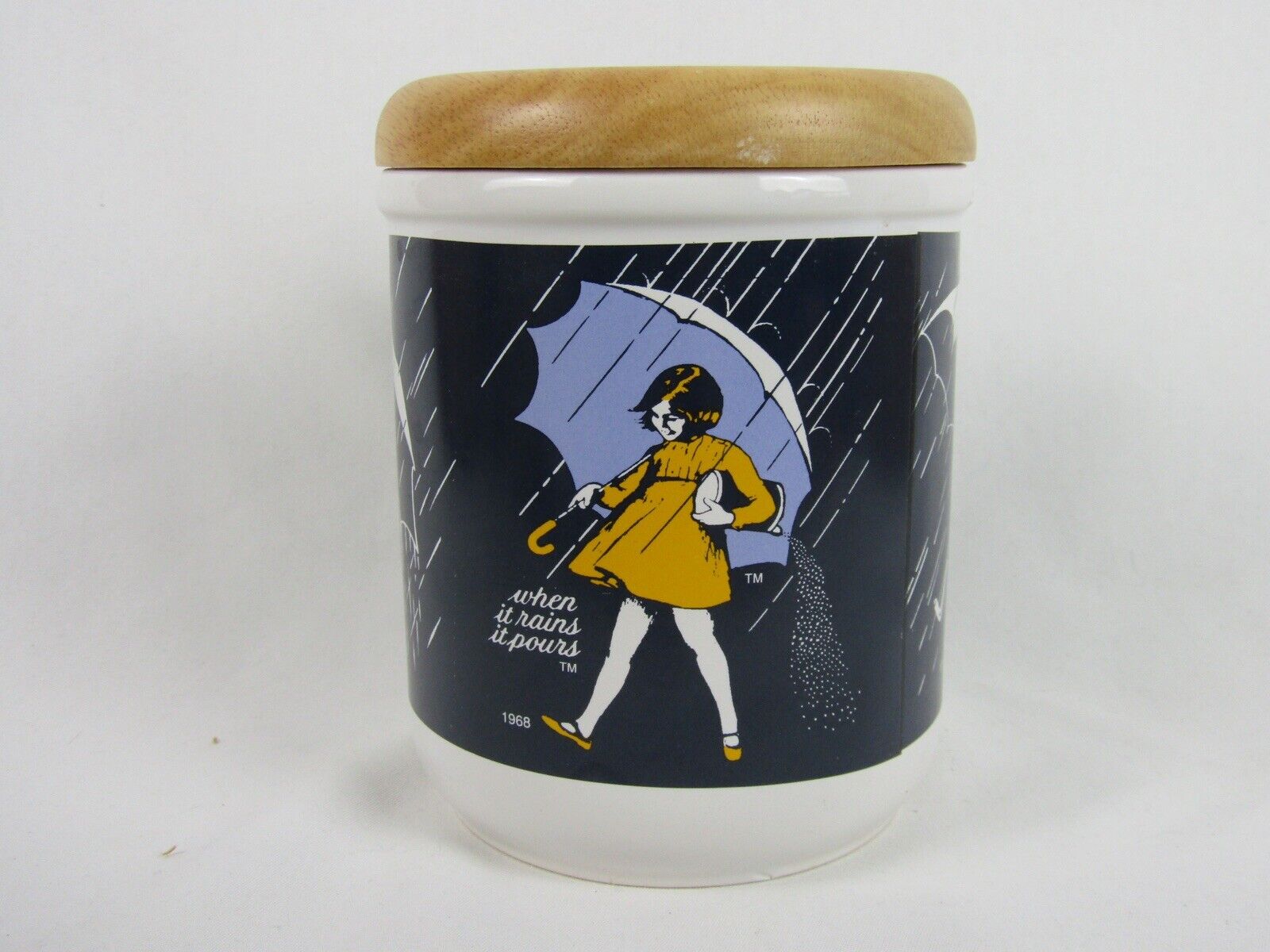 Vintage Morton Salt Jar w/Wood Lid-7 inch-Ceramic/Porcelain-EUC