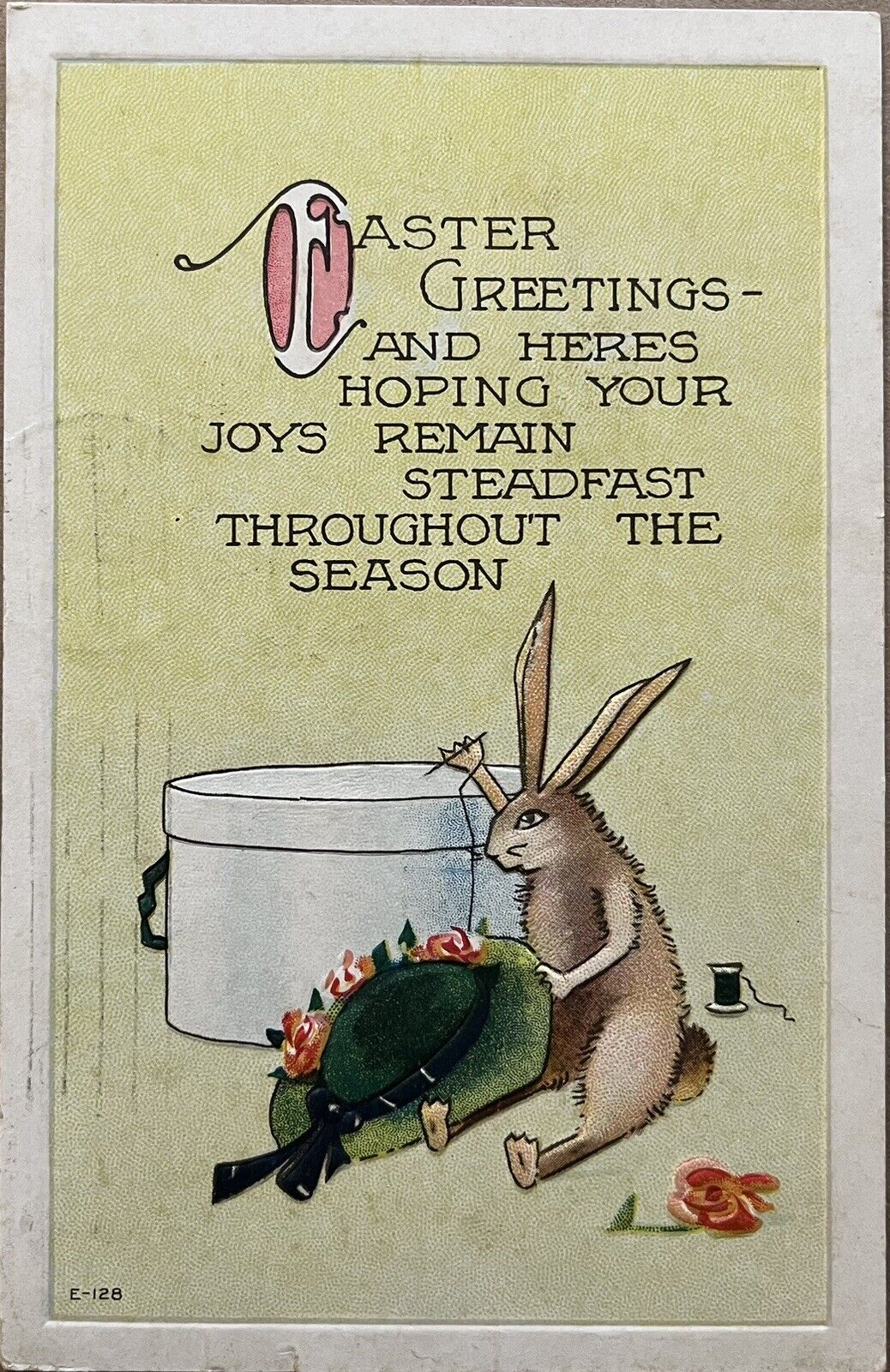 Antique Easter Bunny Rabbit Sewing Flowers on Hat Vintage Embossed Postcard 1910