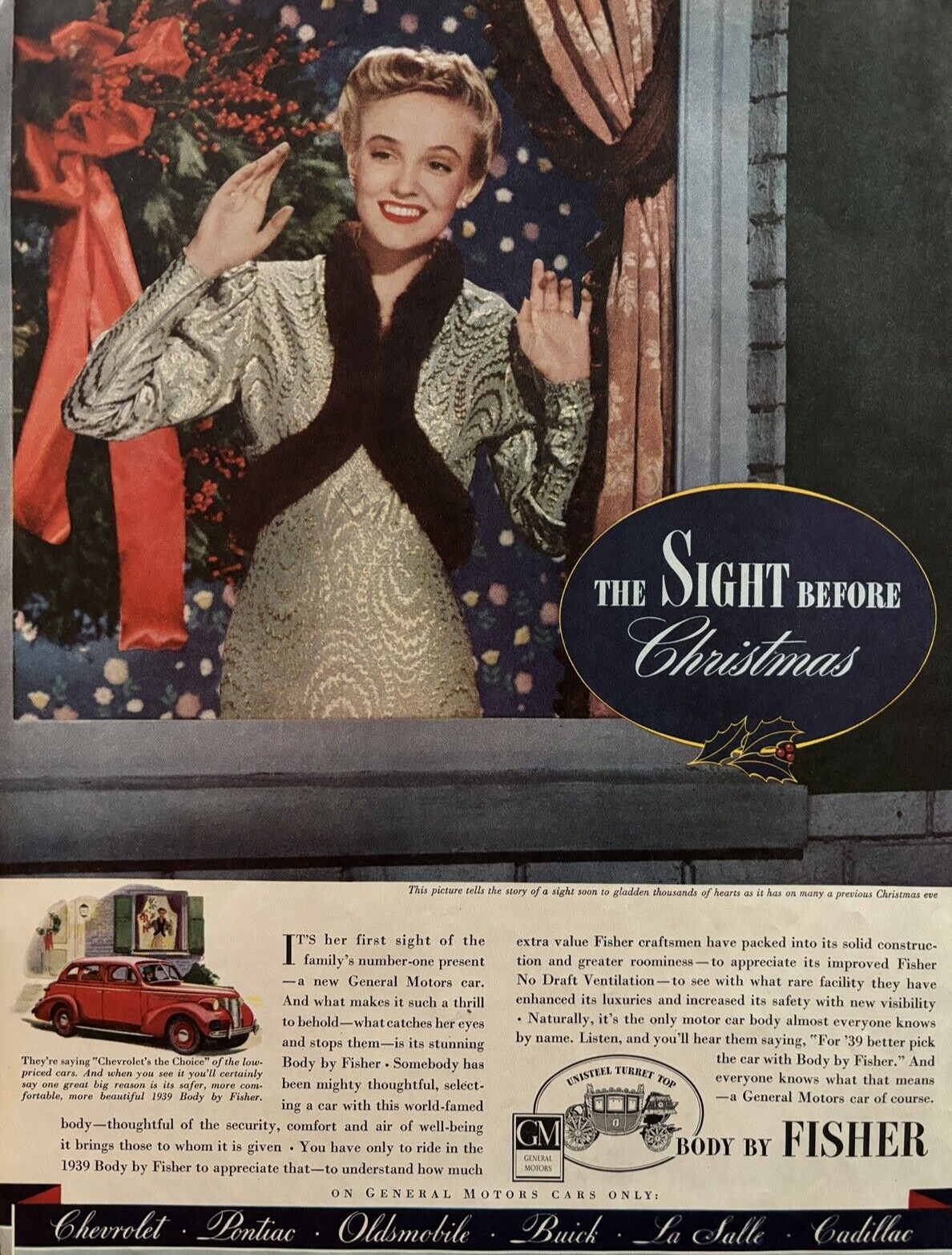 Body By Fisher Automotive General Motors Christmas Vintage Print Ad 1938
