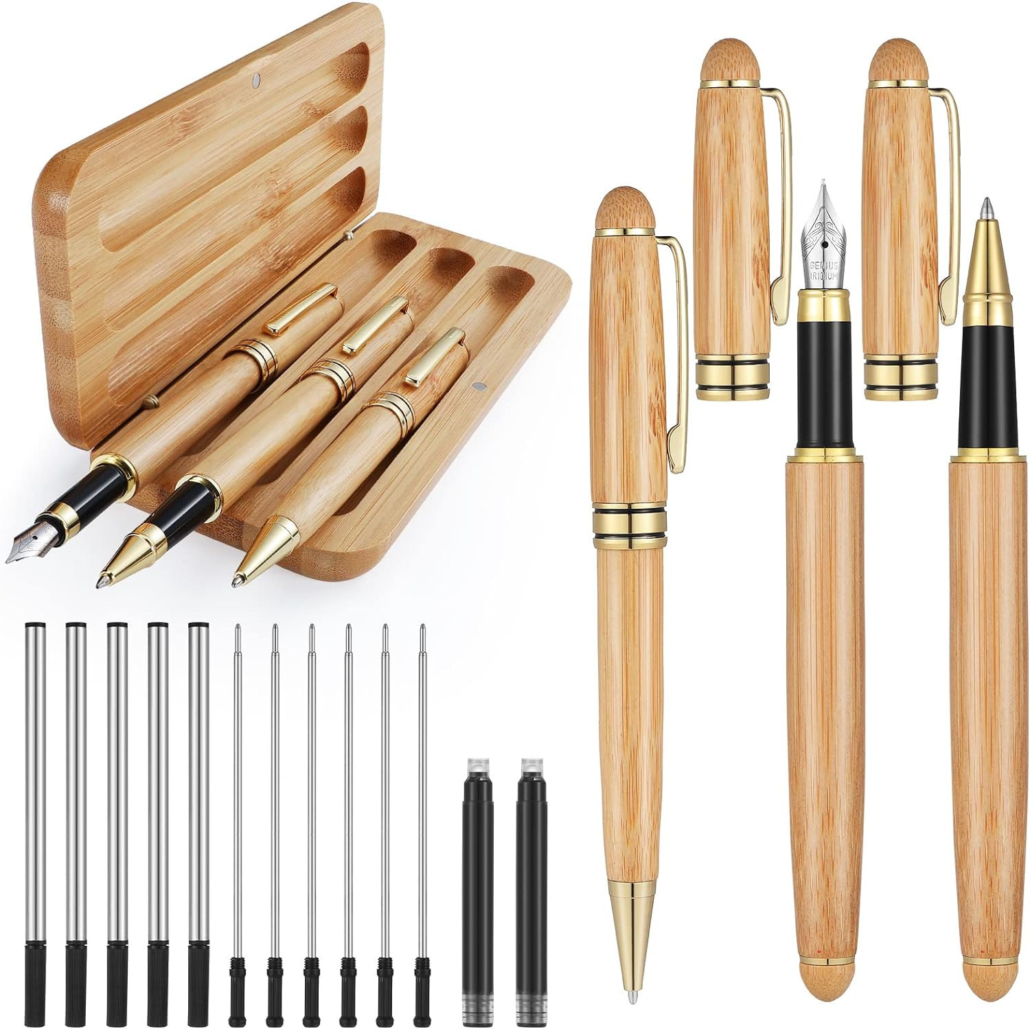 16 Pcs Wooden Pens Gift Set Including Fancy Fountain Pen Ballpoint Pen Gel