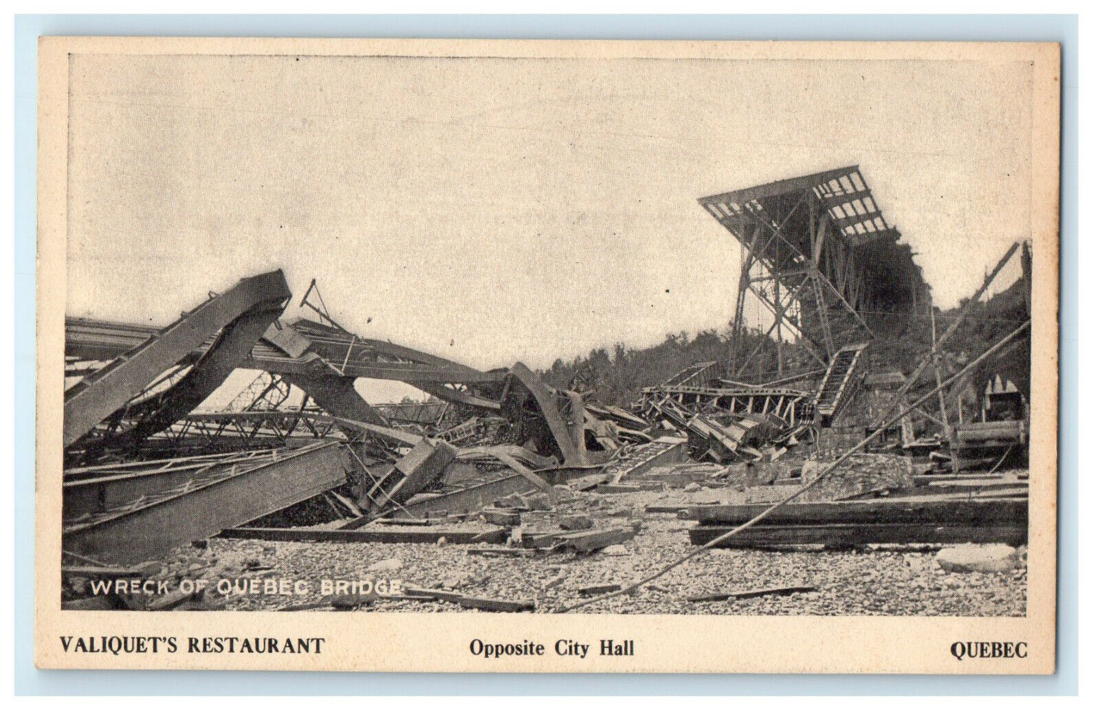 c1910 Valiquets Restaurant Opposite City Hall Wreck of Quebec Bridge Postcard