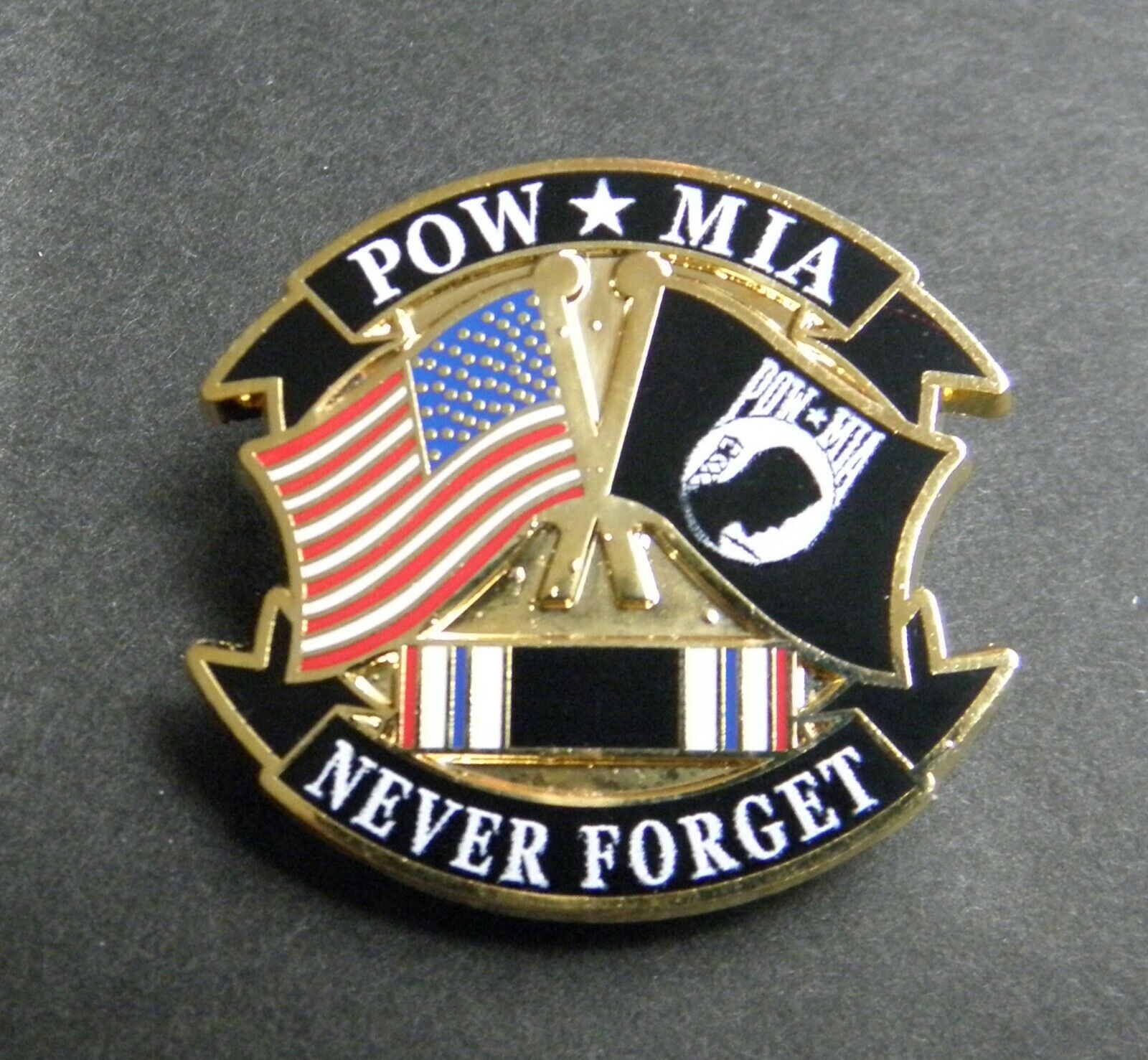 POW MIA USA SHIELD LAPEL PIN BADGE 1.25 INCHES NEVER FORGET
