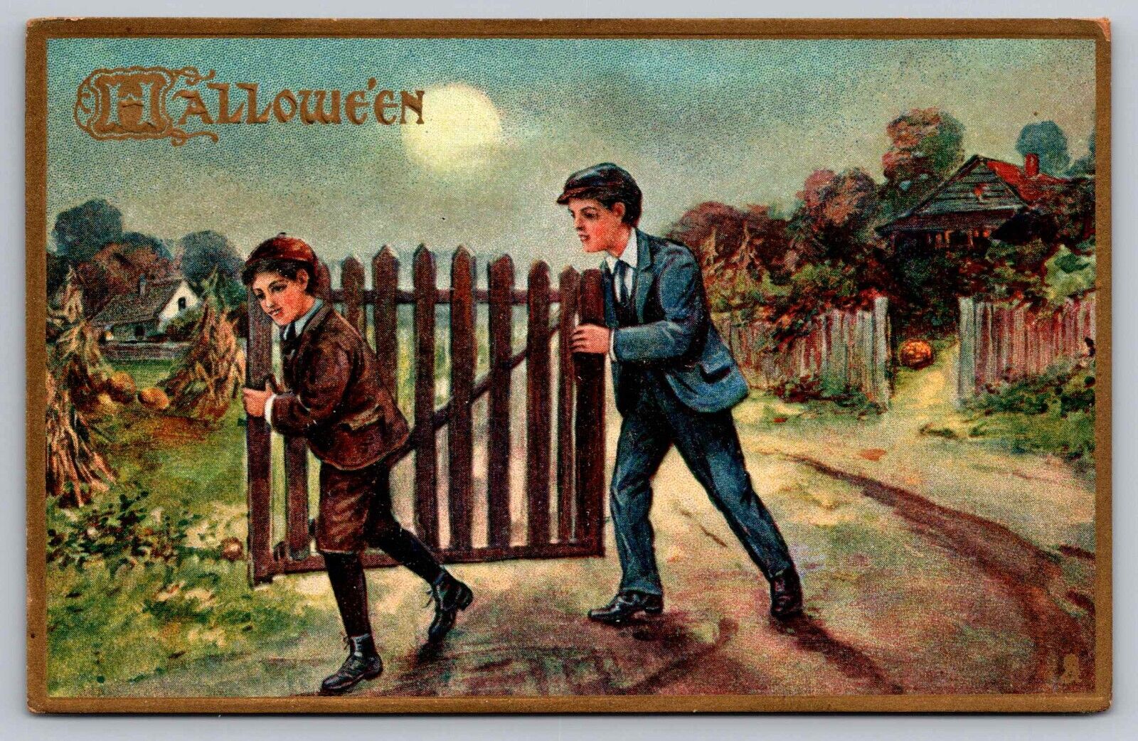 Postcard Halloween Tuck Boys Carry Wooden Gate