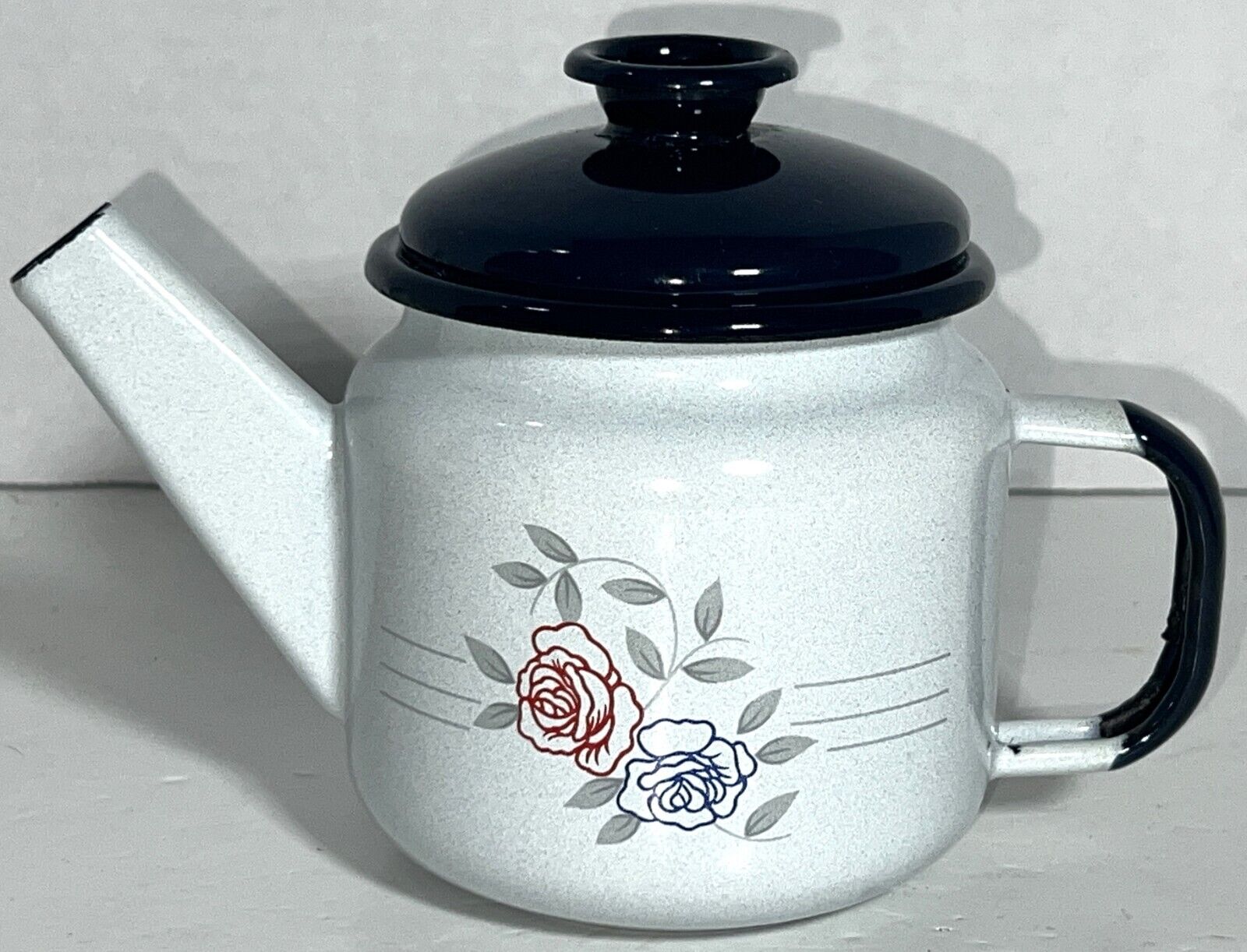 VTG Enamel Enamelware Rose Floral White Blue Metal Mini Small Tea Teapot Kettle