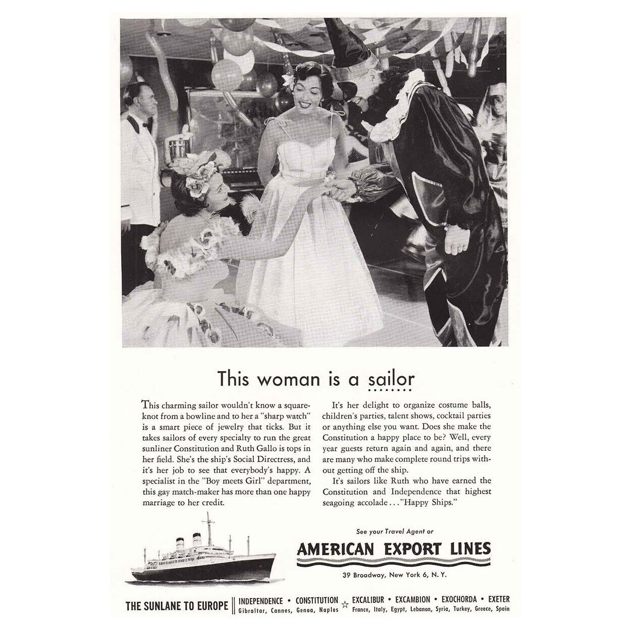 1955 American Export Lines: Woman Is a Sailor, Gallo Vintage Print Ad