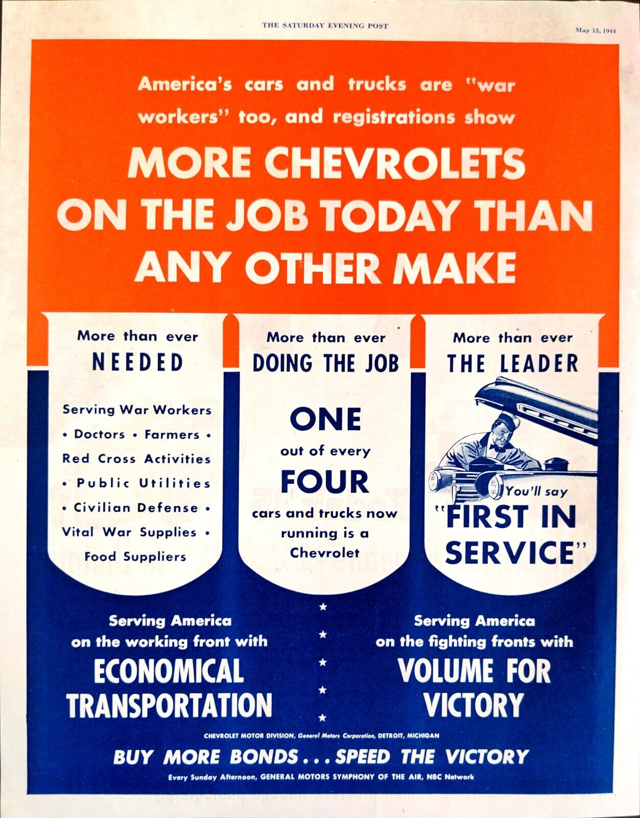 1944 WWII Chevrolet Economical Transportation Buy More Bonds Victory Print Ad