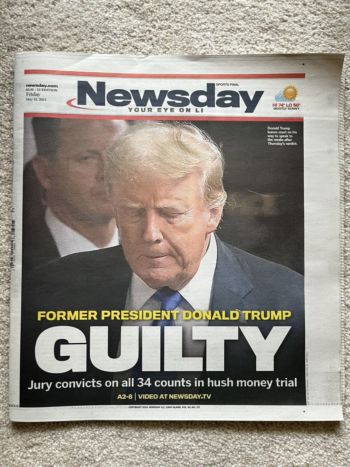 Donald Trump Guilty Headline Newspaper Long Island New York Newsday 5/31/24
