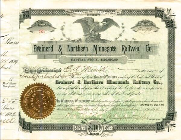 Brainerd and Northern Minnesota Railway Co. - Stock Certificate - Northern Pacif