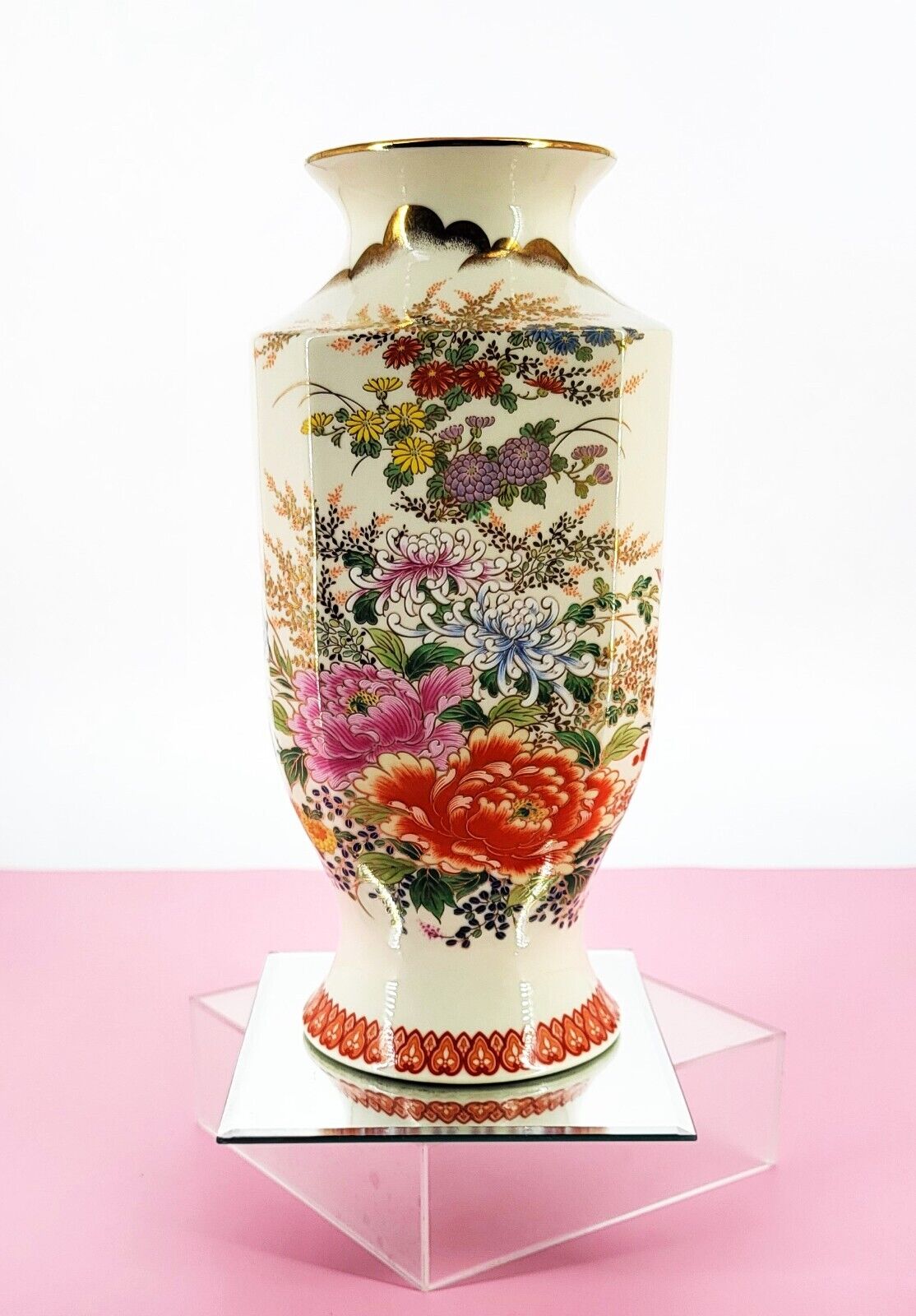 Shibata Japan Porcelain Vintage Large Vase Chrysanthemum Flowers Gold Metallic
