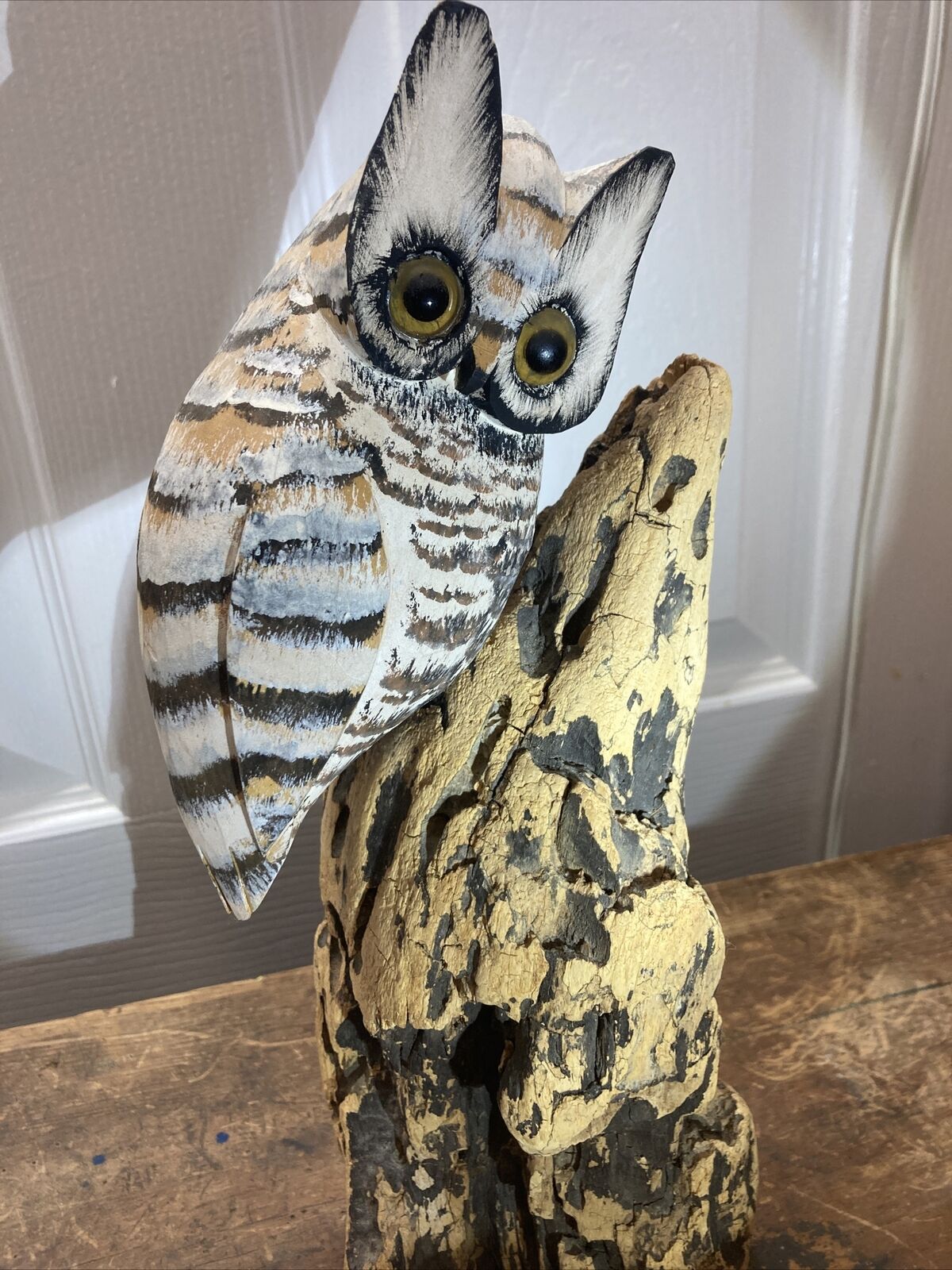 Vintage Hand Painted Carved Wood Owl Perched on Wood Beautifully Detailed