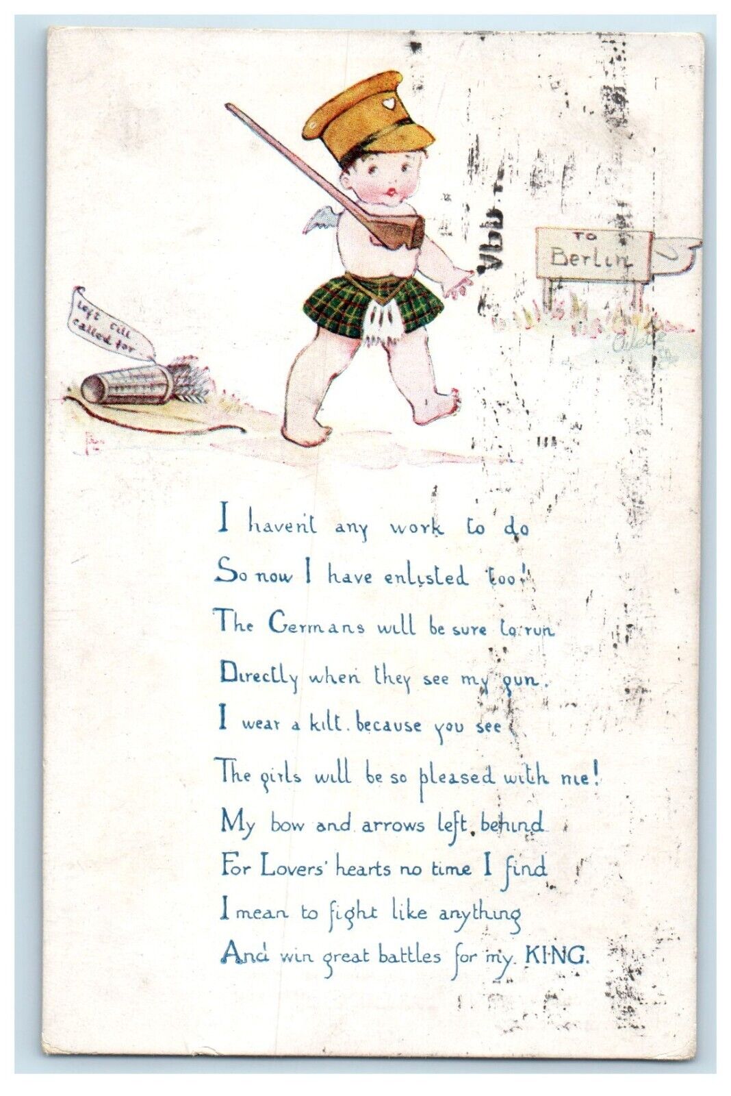 1915 Oilette Off to Berlin WW1 Cupid Soldier Military Kilt Scottish Postcard