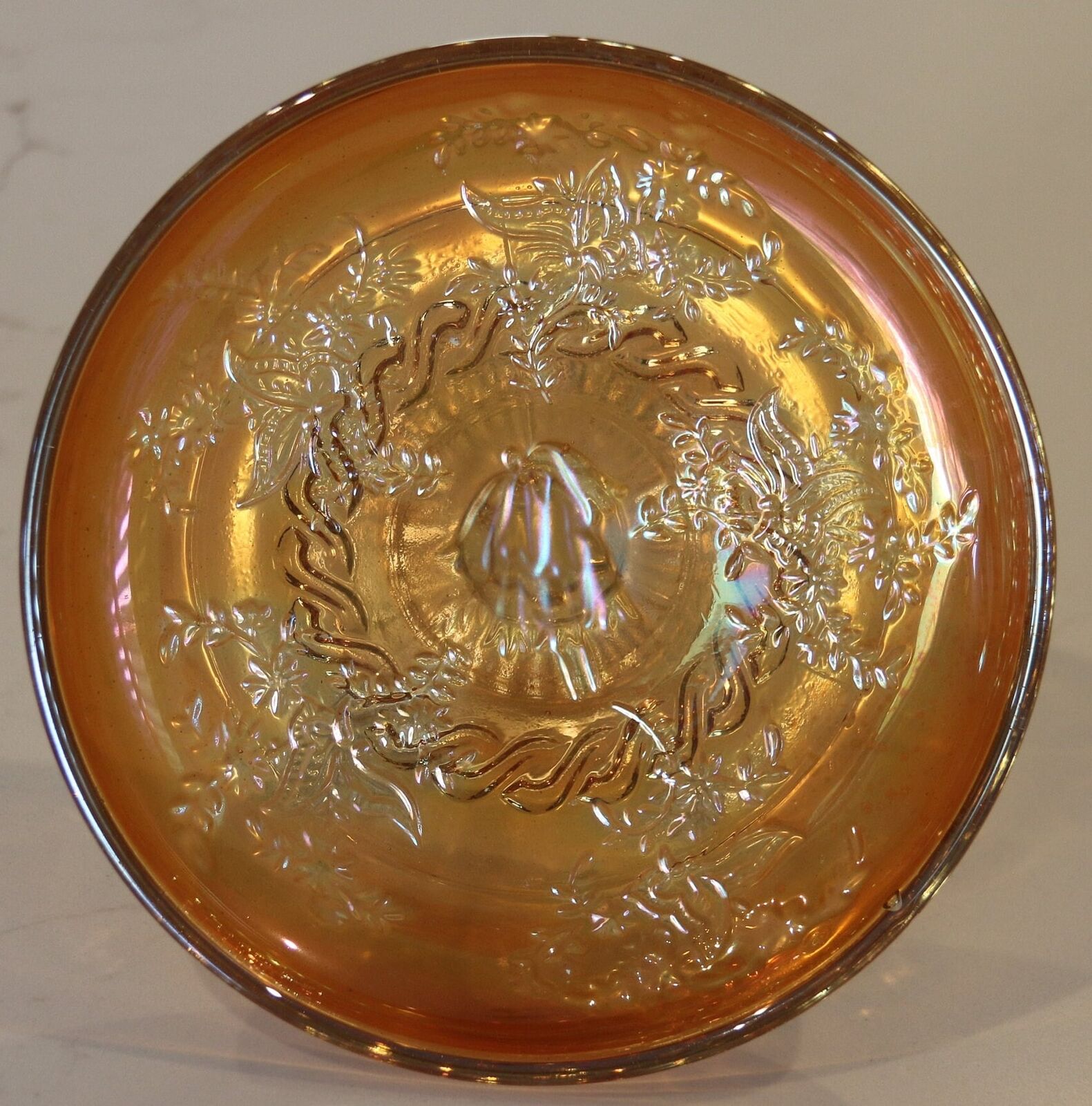 Pretty Australian Marigold Carnival Glass Compote - Butterfly Bush & Xmas Bells