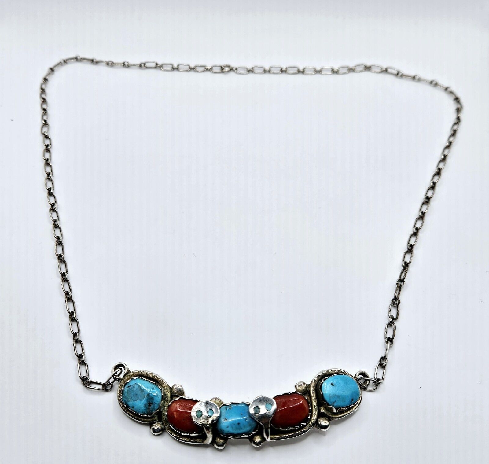Effie Calavaza Zuni Sterling Silver Turquoise & Coral 2 Snakes Chain Necklace