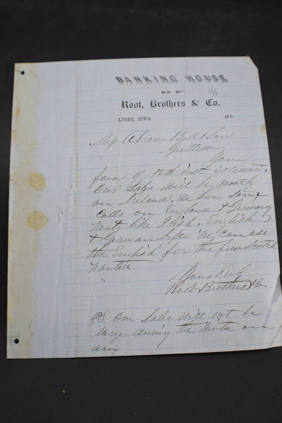 ~1854 Banking House of Root, Brothers & Co, Lyon, Iowa Letter to Abraham Bell