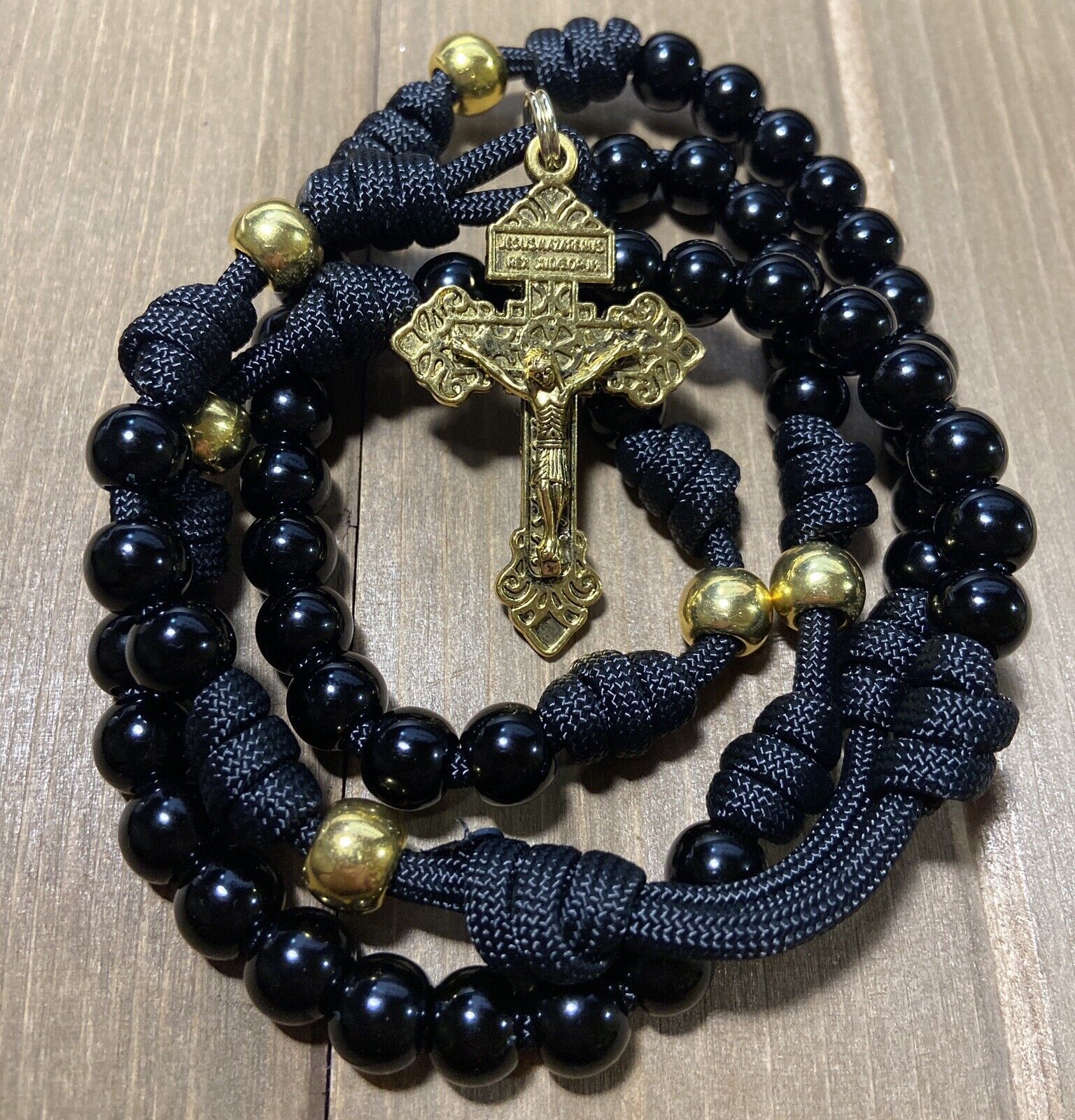 Catholic Paracord Rosary-Strong, Durable Rosary, Gold/Black Beads — Handmade