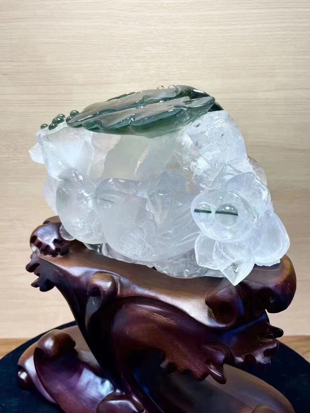 Top Natural Green Ghost Quartz  Carved Mandarin ducks are splashing in the water