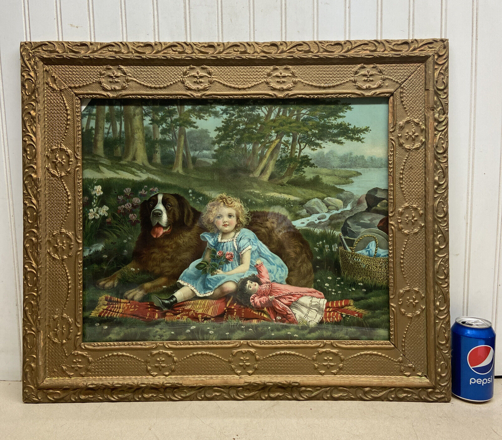 Vtg Antique St. Bernard Dog WIDE AWAKE Little Girl Print Ornate Framed